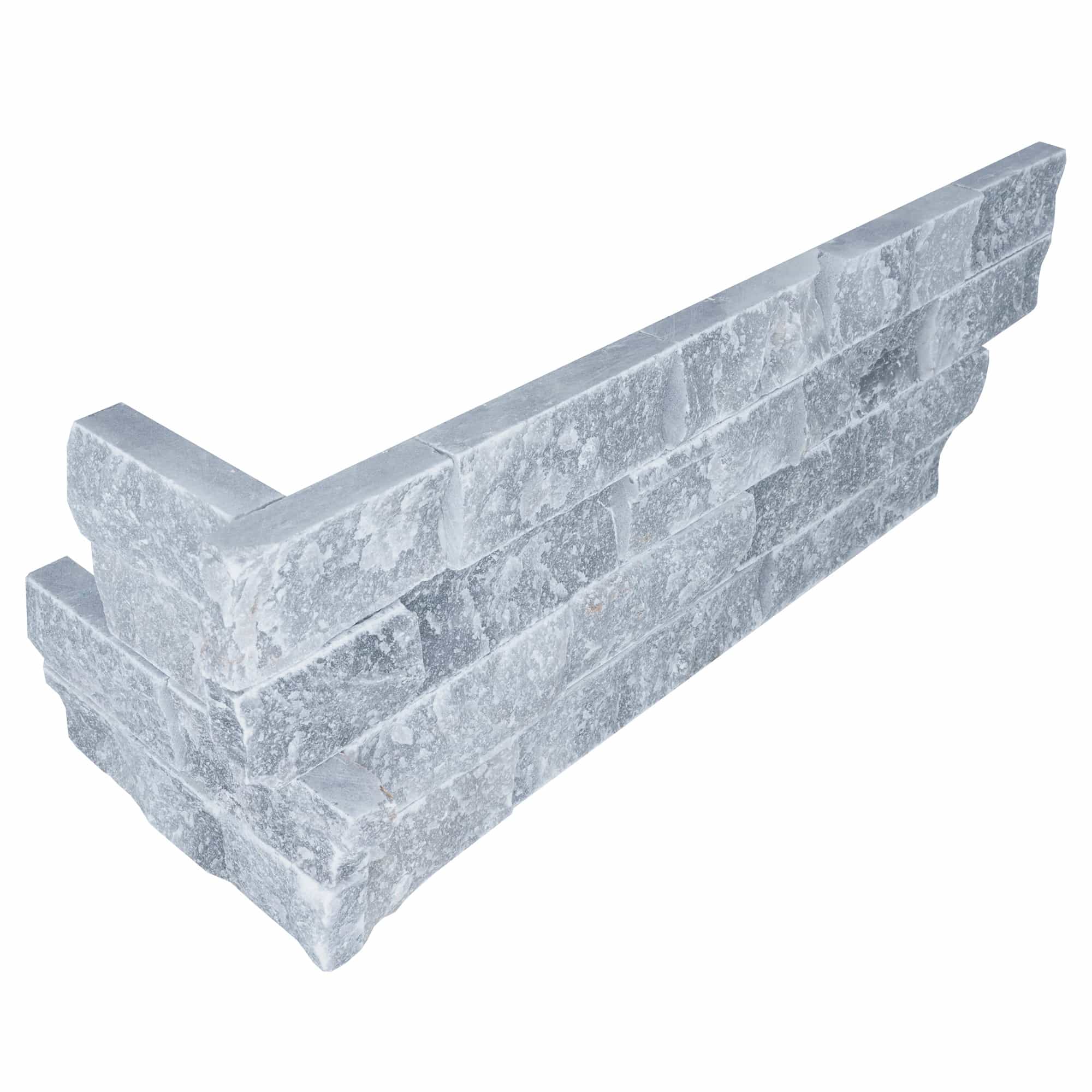 Close-up of Arctic Grey Marble Splitface Ledger Panel Corner, 6x18, showcasing its natural stone texture and grey hues with subtle veining. Ideal for modern hardscape projects, this splitface marble adds elegance to any architectural design.