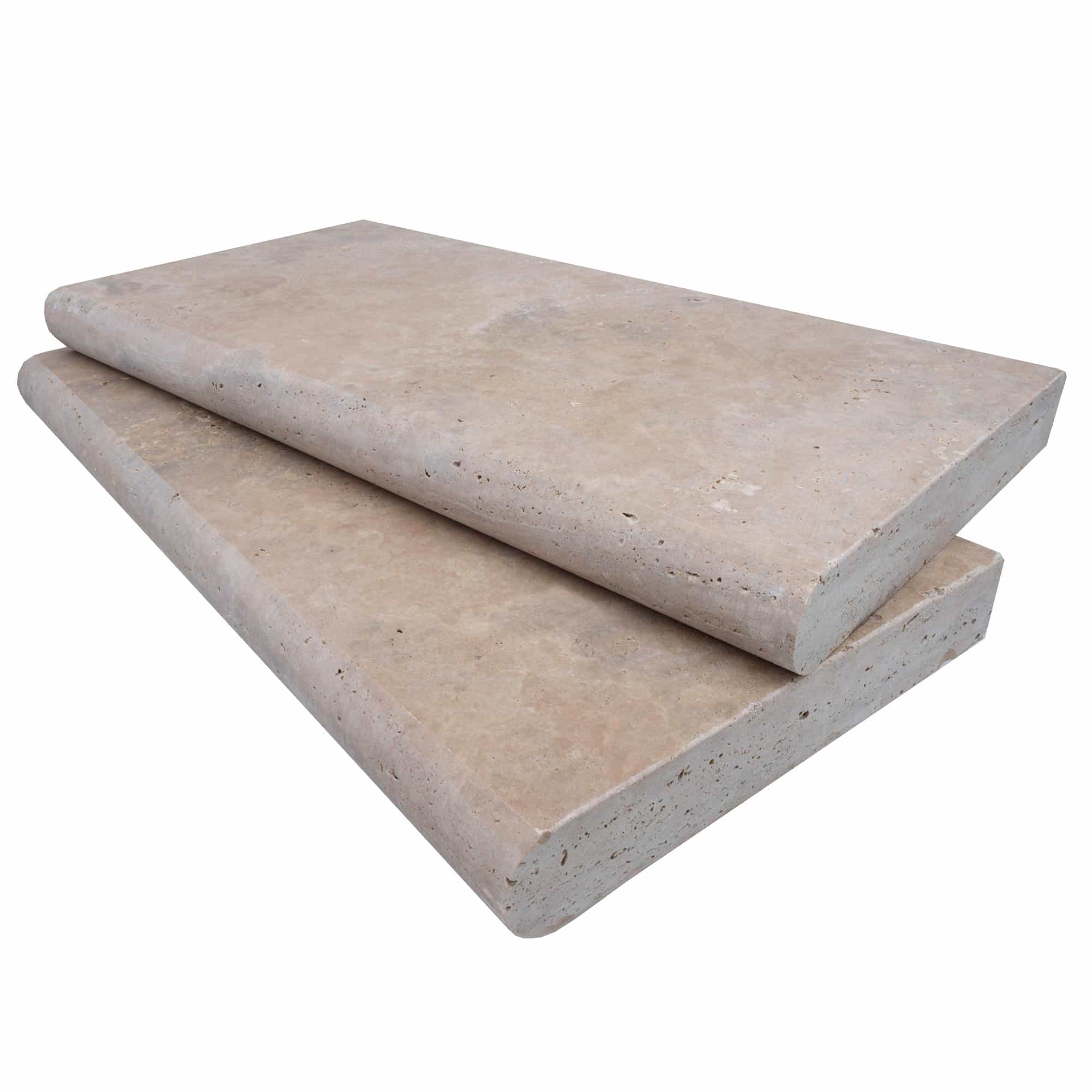 Close-up of Philly Travertine Tumbled 12x24x2 Single Bullnose Coping - Premium. Natural stone travertine with a tumbled finish, showcasing a beige hue with subtle veining and a smooth bullnose edge, ideal for pool coping and elegant hardscape designs.