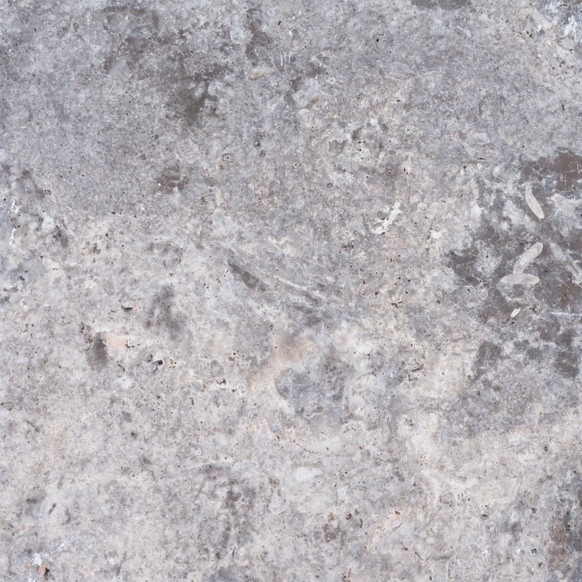 Close-up of the Silver Travertine Tumbled 24x24 3cm Paver by STONELUX, showcasing its premium natural stone texture. The tumbled finish highlights soft gray tones with subtle veining, ideal for elegant hardscape projects. Perfect for pool decks and pat...