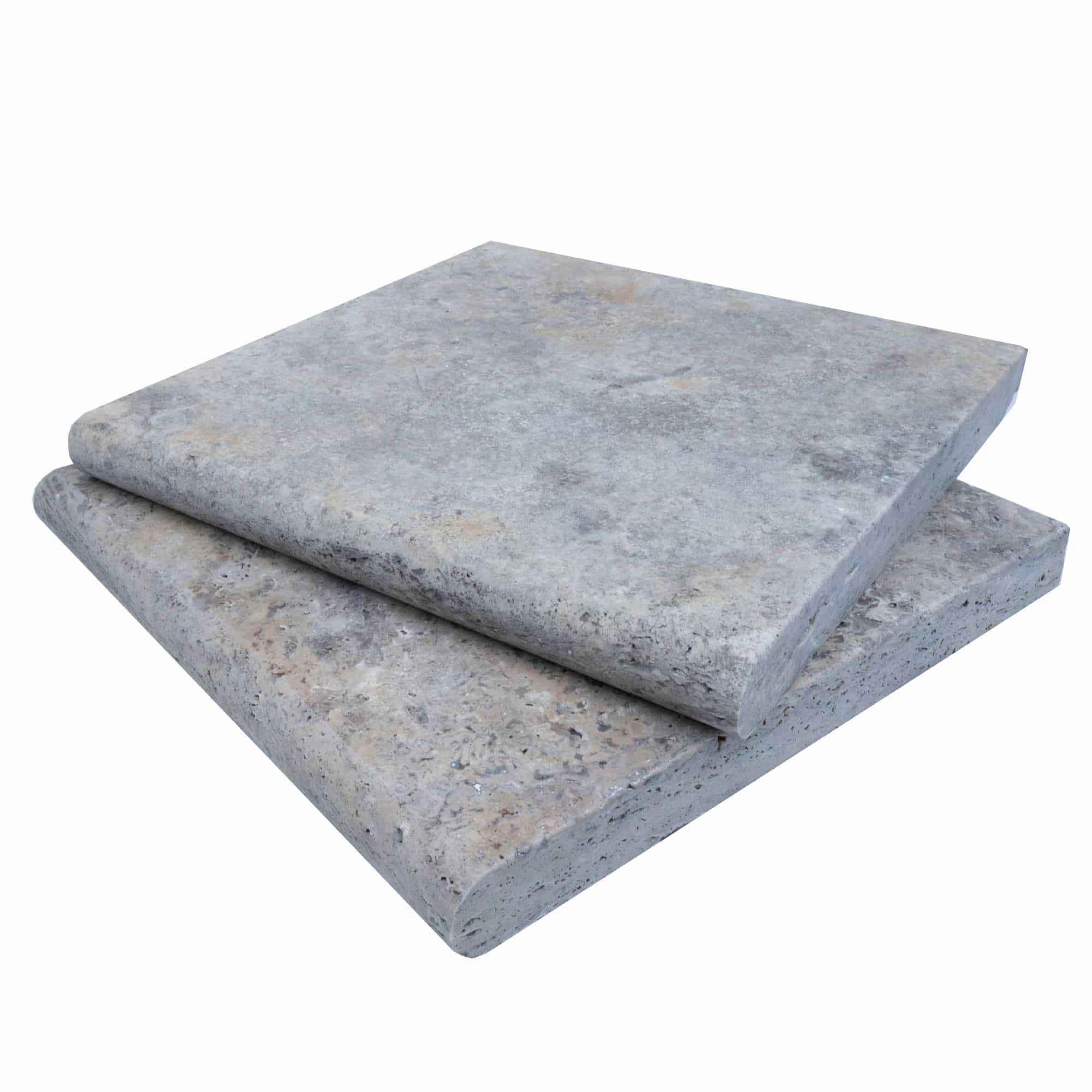Close-up of Silver Travertine Tumbled 12x12x3cm Single Bullnose Coping - Premium, showcasing its natural stone texture, subtle grey and beige veining, and smooth tumbled finish. Ideal for pool coping and hardscape projects, highlighting durable travert...