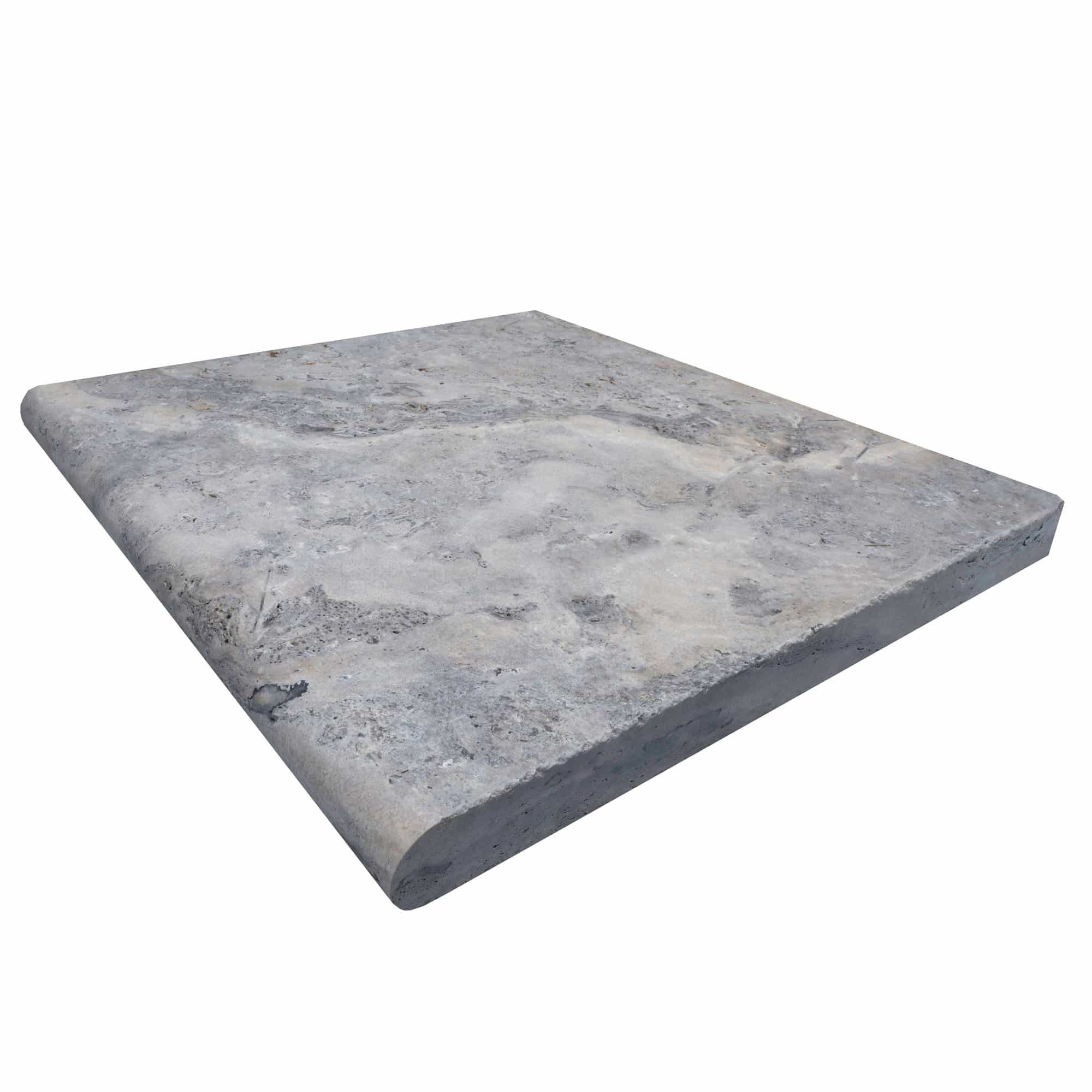 Close-up of Silver Travertine Tumbled 24x24x2 Single Bullnose Coping, showcasing its natural stone texture and soft gray veining. The tumbled finish adds a rustic elegance, ideal for pool coping and hardscape projects. Premium quality from STONELUX.