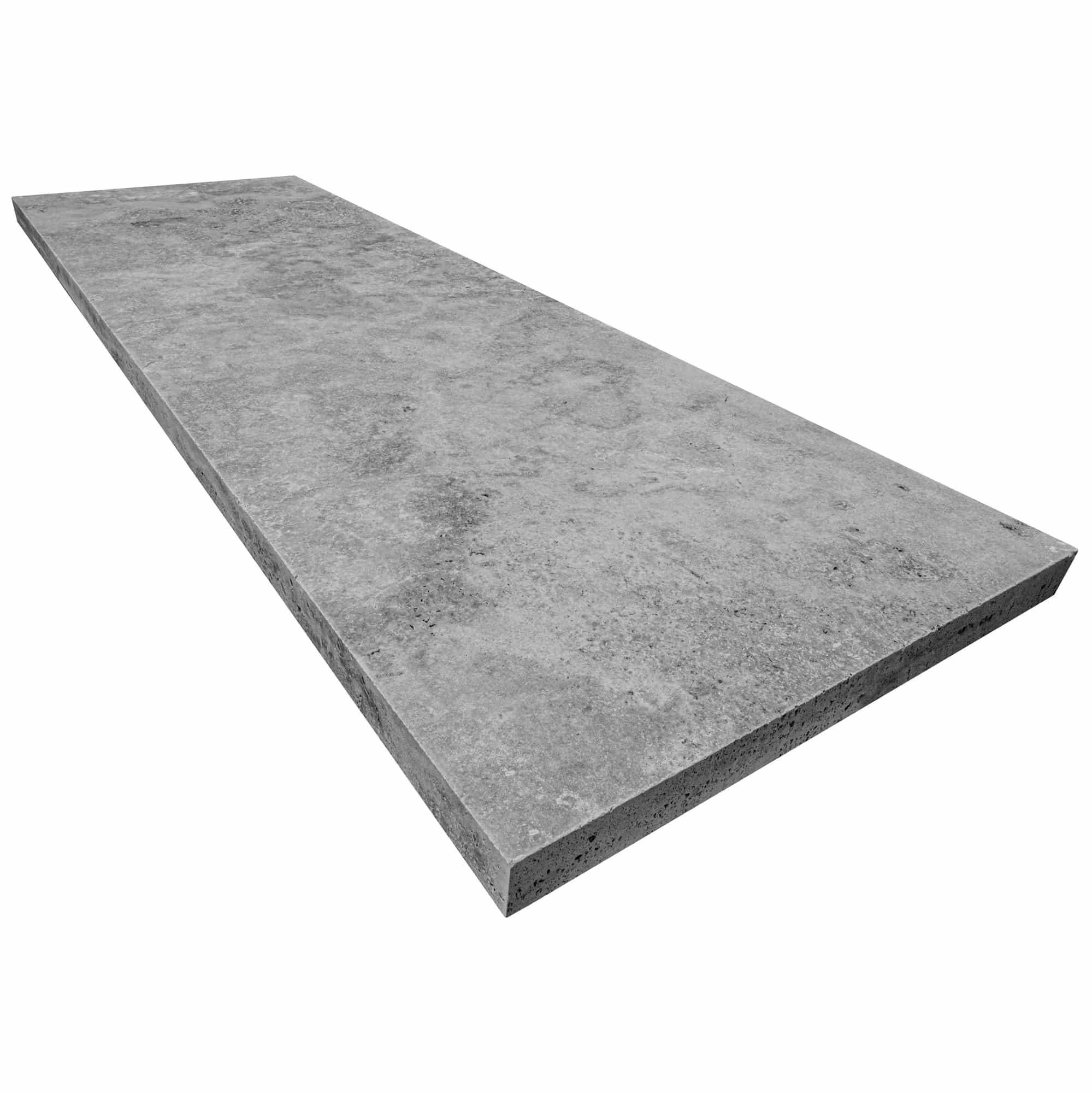 Silver Travertine Tumbled 24x72x2 Eased Edge Tread - Premium. Close-up of natural stone showing a textured, tumbled surface with subtle grey tones and intricate veining, ideal for pool coping and patio projects, highlighting its elegance and durability.