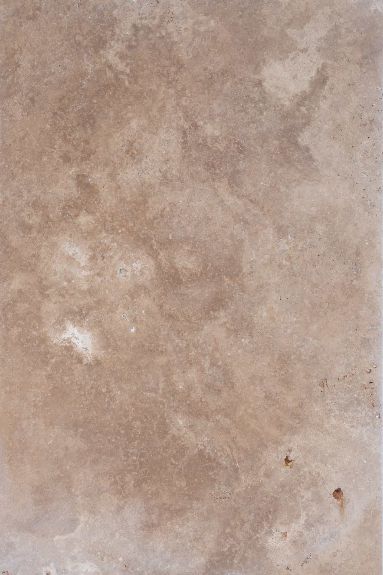 Close-up of Walnut Travertine Tumbled 16x24 3cm Paver, showcasing its natural stone texture with warm walnut tones and subtle veining. The tumbled finish provides a rustic, aged appearance, ideal for high-end outdoor installations like patios and pool ...