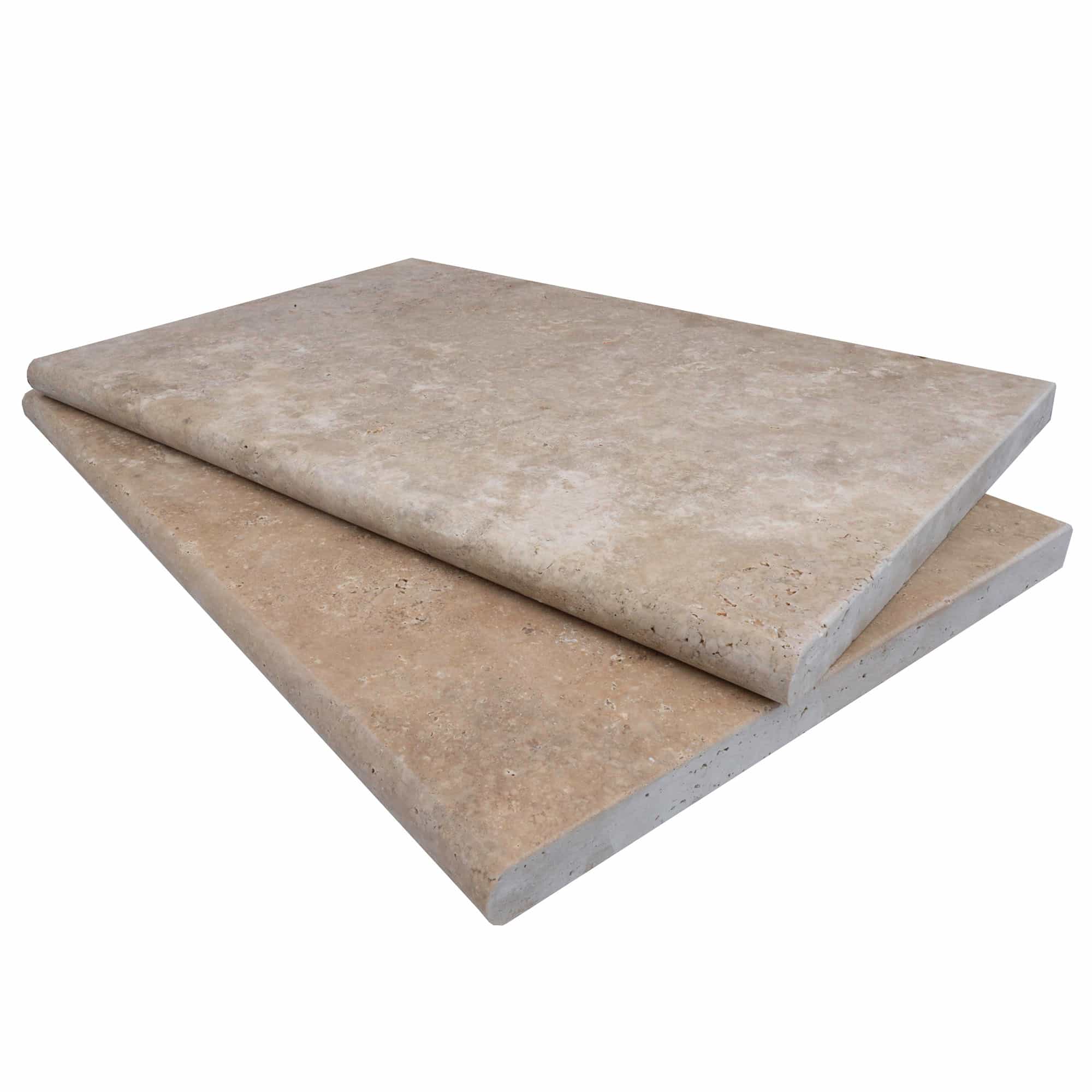 Close-up of Walnut Travertine Tumbled 16x24x3cm Single Bullnose Coping - Premium. Features include a warm, earthy tone with natural veining and a textured, tumbled finish, ideal for pool coping or patio edges. Durable natural stone for stylish outdoor ...