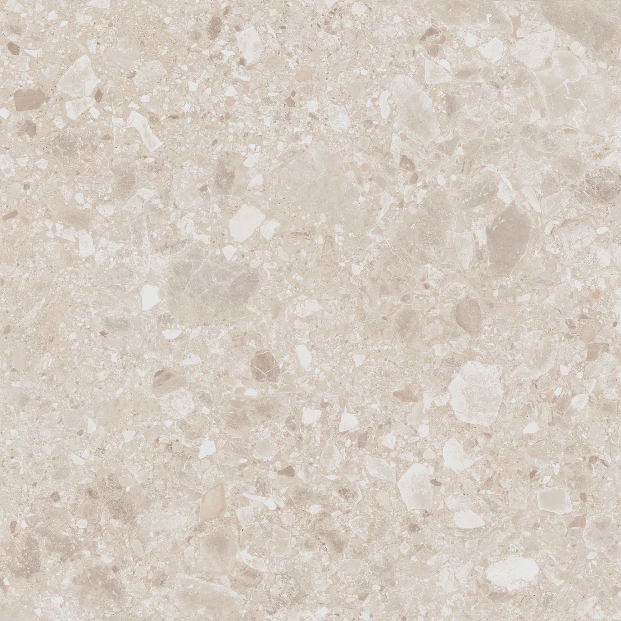 Close-up of Terrazo Cream Matte 24x24x2cm Rectified Porcelain Paver by STONELUX, showcasing its smooth matte finish with subtle cream tones and intricate natural stone patterns, ideal for modern hardscape projects and pool builds.