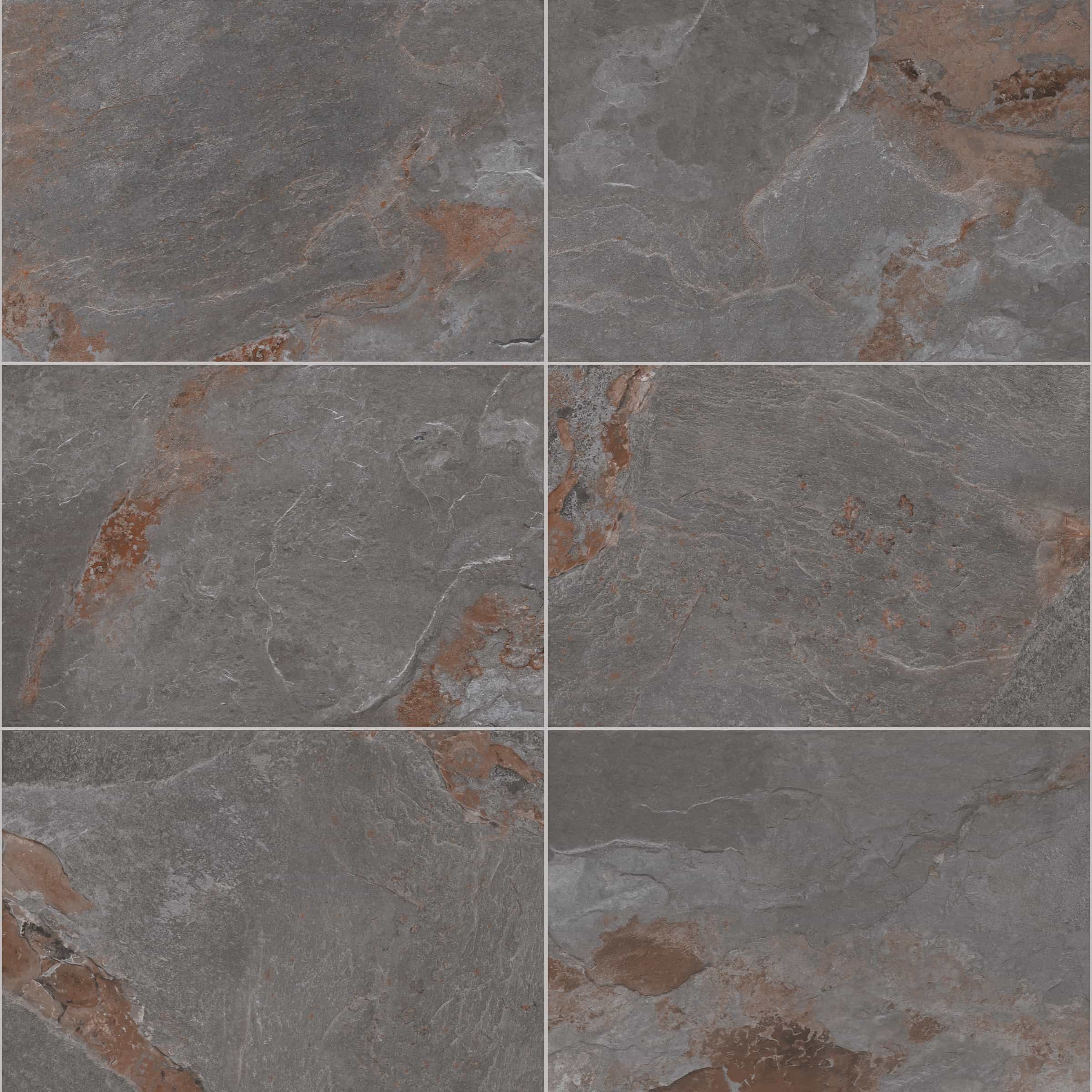 Close-up of Retrostone Matte 24x36x2cm Rectified Porcelain Paver showcasing its unique texture and color blend. The surface features a matte finish with subtle gray and rust tones, mimicking natural stone with intricate veining, ideal for sophisticated...