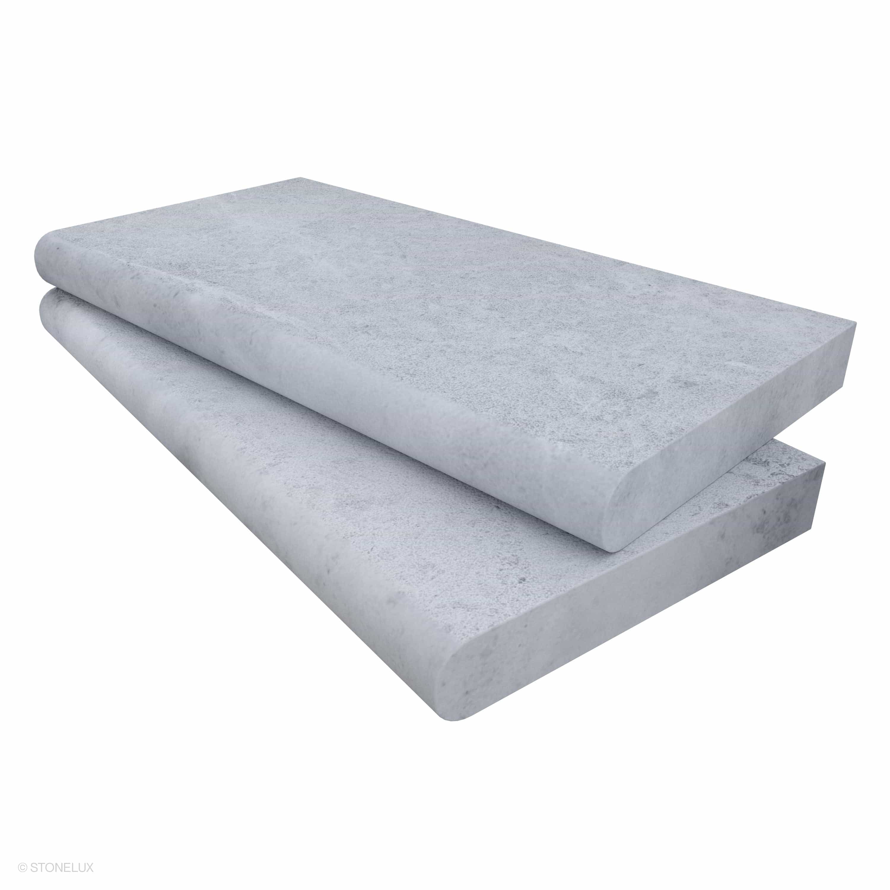 Tundra Grey Marble Sand Blasted 12x24x2 Single Bullnose Coping by STONELUX. The marble features a sandblasted finish with soft grey tones and subtle veining, ideal for pool edges and steps. Durable and elegant, perfect for modern hardscape projects.