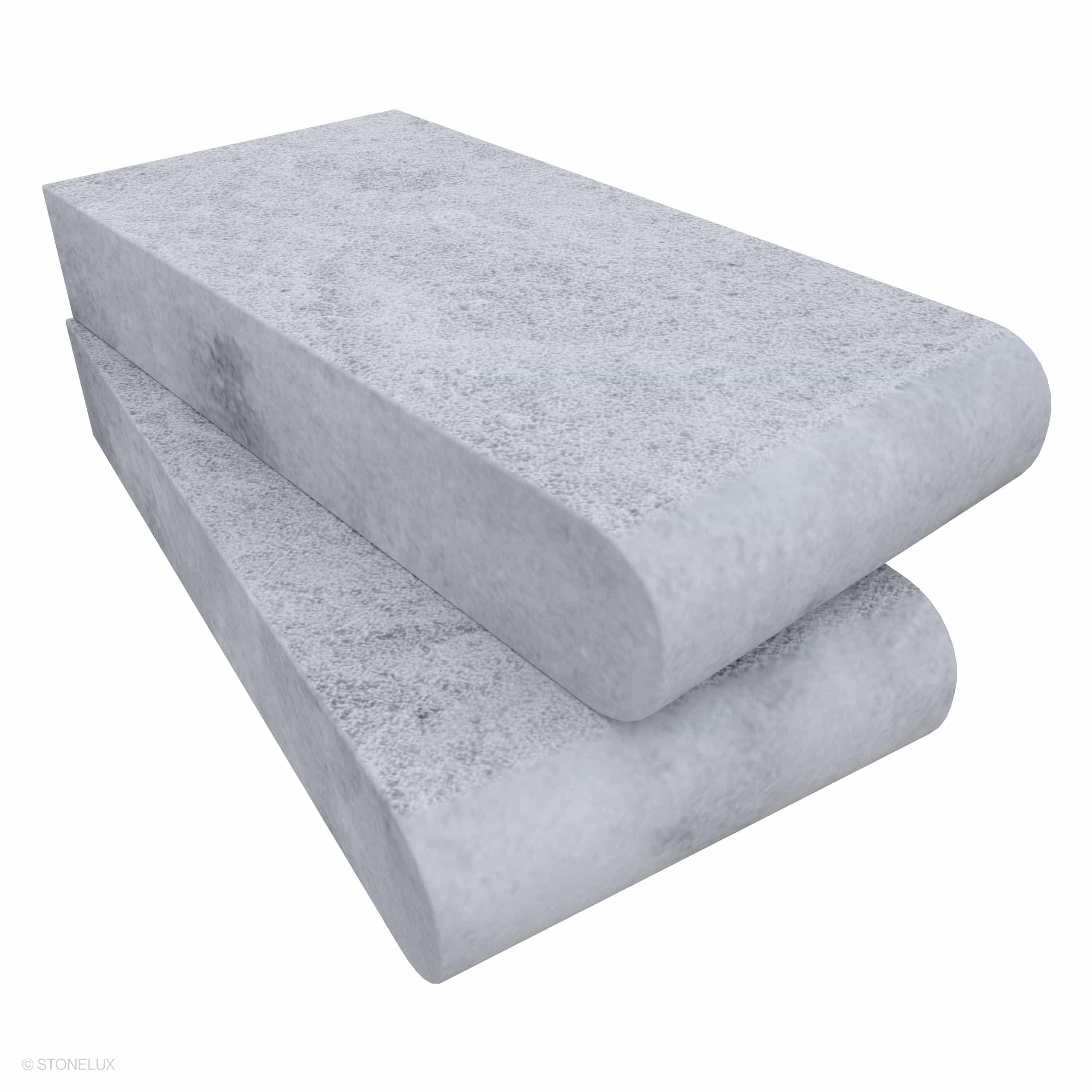 Close-up of STONELUX Tundra Grey Marble Sand Blasted 6x12x2 Single Bullnose Coping. Features a textured sandblasted finish and soft grey tones. Ideal for pool edges and steps, offering a sleek, durable marble surface with a smooth bullnose profile.
