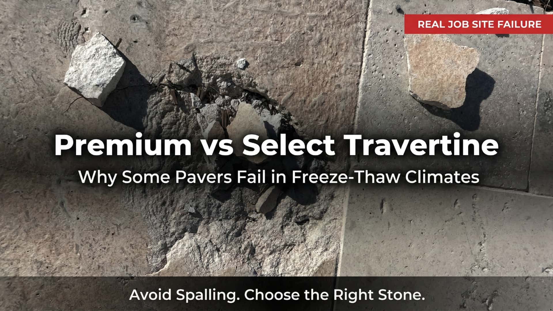 Close-up of travertine pavers showing damage, highlighting the difference between premium and select travertine in freeze-thaw regions. The image emphasizes the importance of choosing quality stone to prevent spalling in hardscape projects.