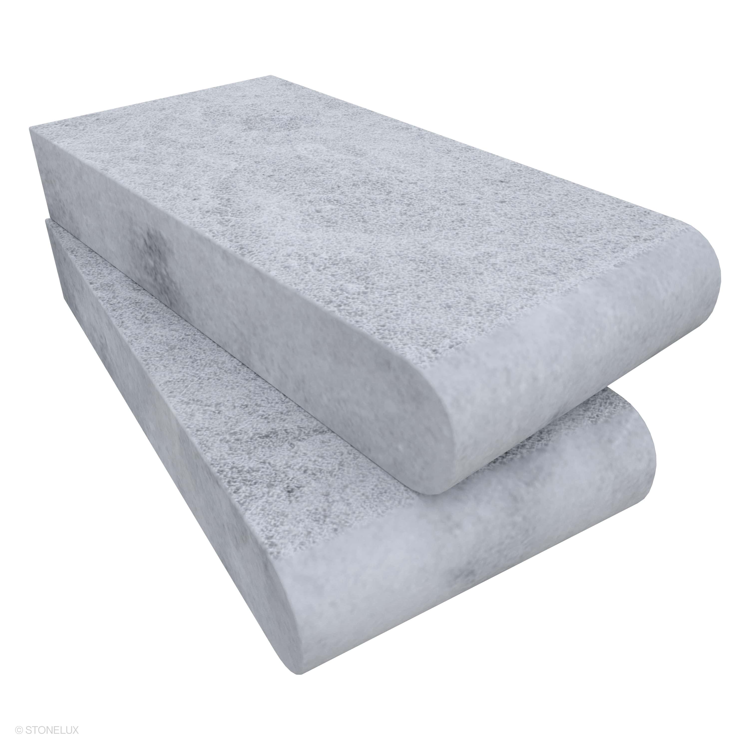 Close-up of STONELUX Tundra Grey Marble Sand Blasted 6x12x2 Single Bullnose Coping. Features a textured sandblasted finish and soft grey tones. Ideal for pool edges and steps, offering a sleek, durable marble surface with a smooth bullnose profile.