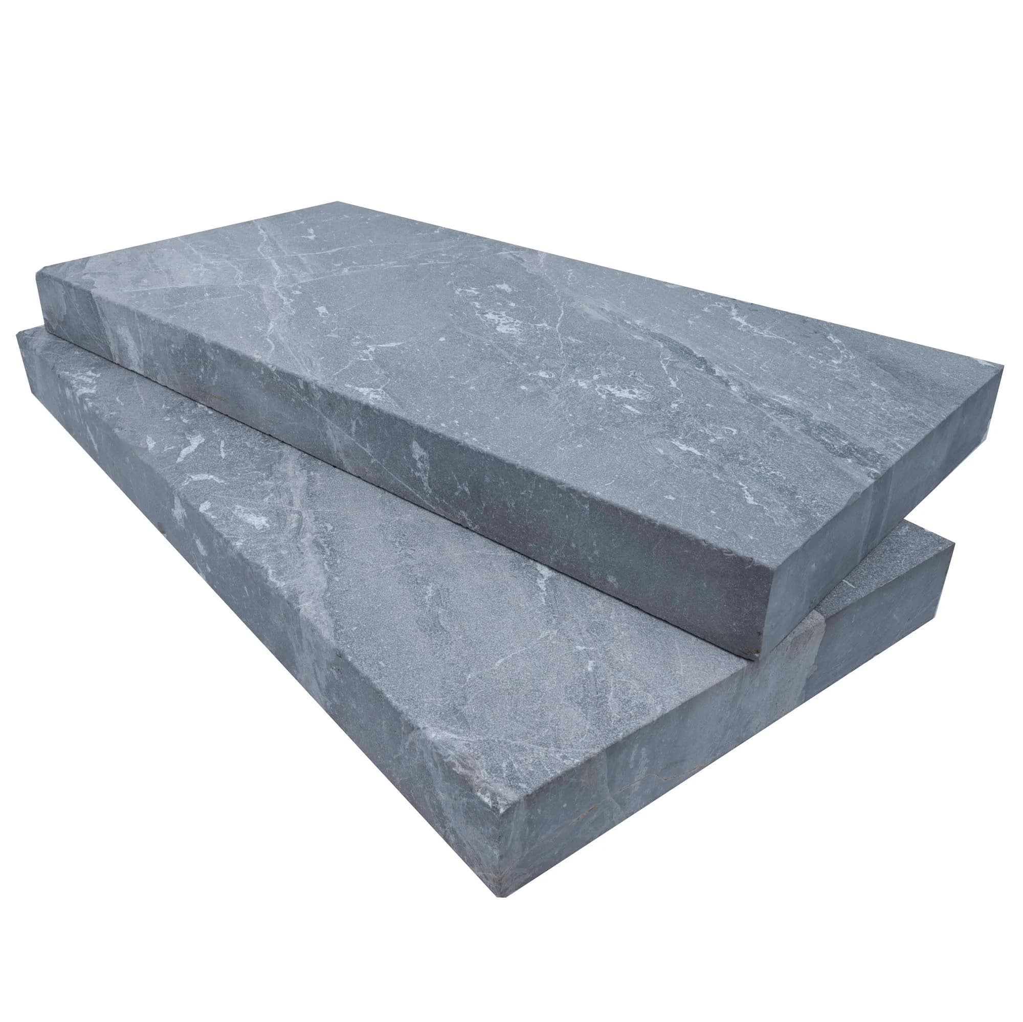 Close-up of Aegean Grey Marble Sand Blasted 12x24x2 Eased Edge Coping. The natural stone features a smooth, sandblasted texture with subtle grey veining, ideal for pool coping or patio edges, enhancing outdoor hardscape projects with elegance and durab...