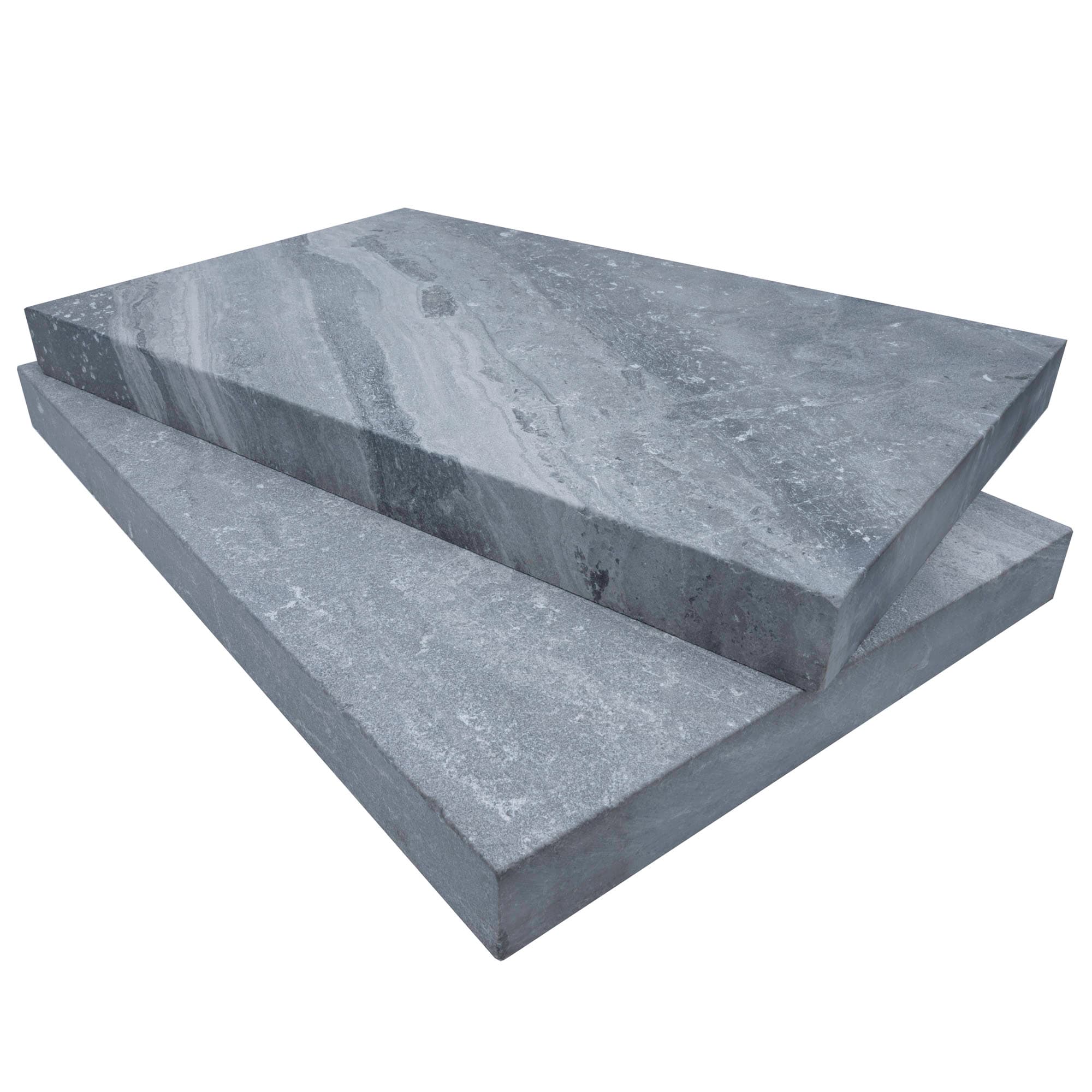 Close-up view of Aegean Grey Marble Sand Blasted 14x24x2 Eased Edge Coping, showcasing a smooth, sandblasted surface with subtle grey veining and natural stone texture. Ideal for pool coping and hardscape projects, emphasizing elegance and durability.