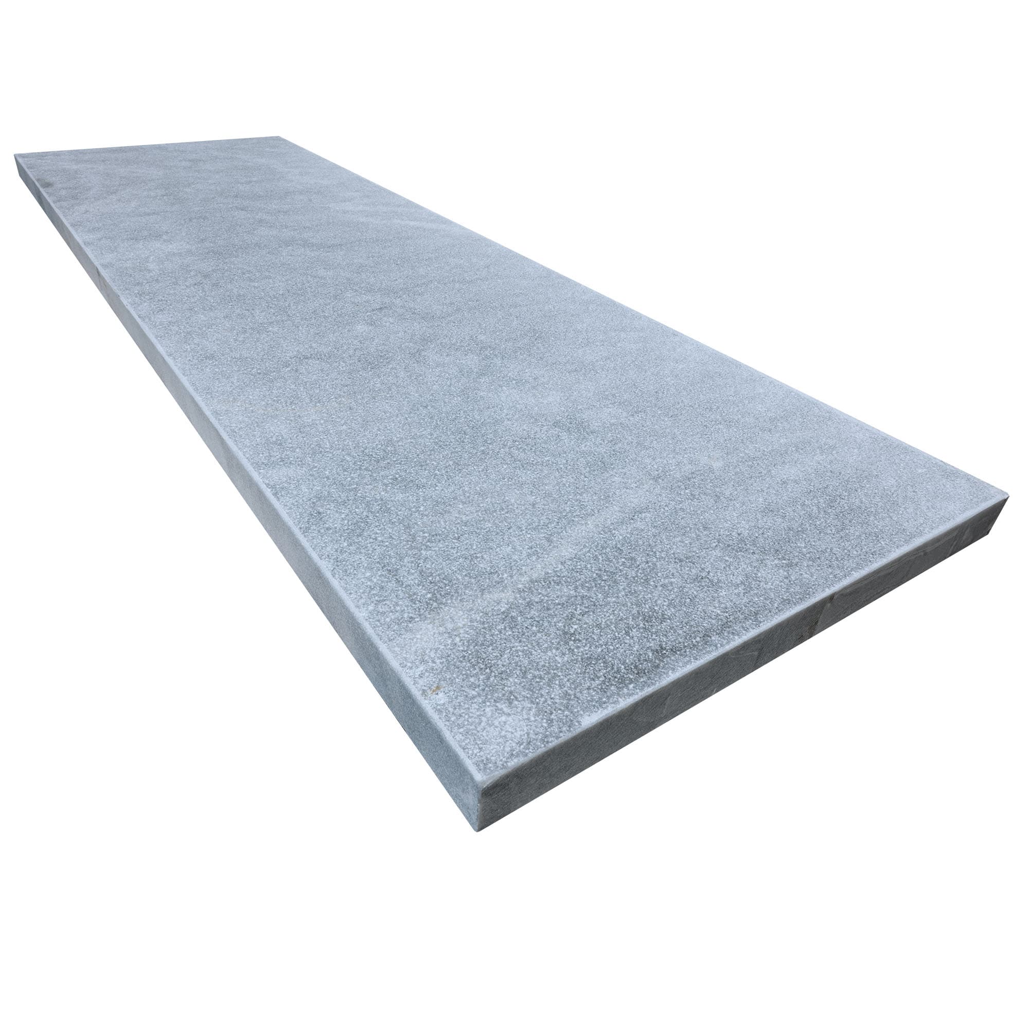 Close-up of Arctic Grey Marble Sand Blasted 24x72x2 Eased Edge Tread. The natural stone features a sandblasted finish with subtle grey tones and fine texture, ideal for pool coping or patio installations, showcasing premium quality marble.