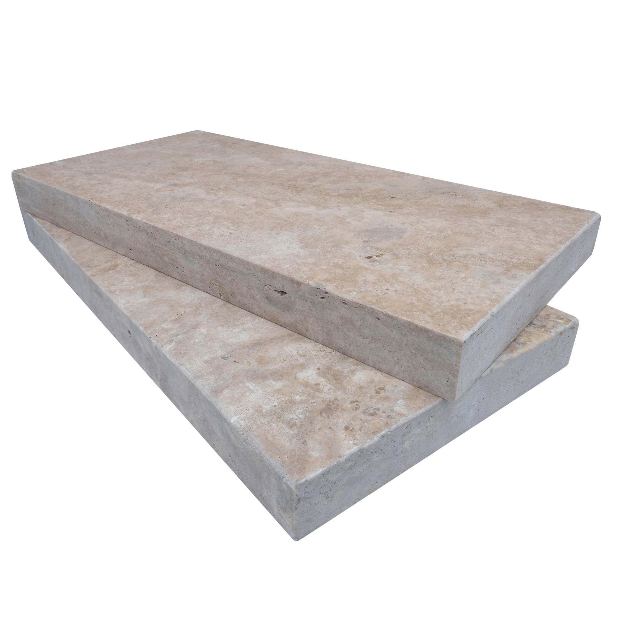 Close-up of Philly Travertine Tumbled 12x24x2 Eased Edge Coping by STONELUX, showcasing its natural stone texture and soft beige tones. The tumbled finish highlights subtle veining and an elegant, smooth surface, ideal for pool coping and patio edges.