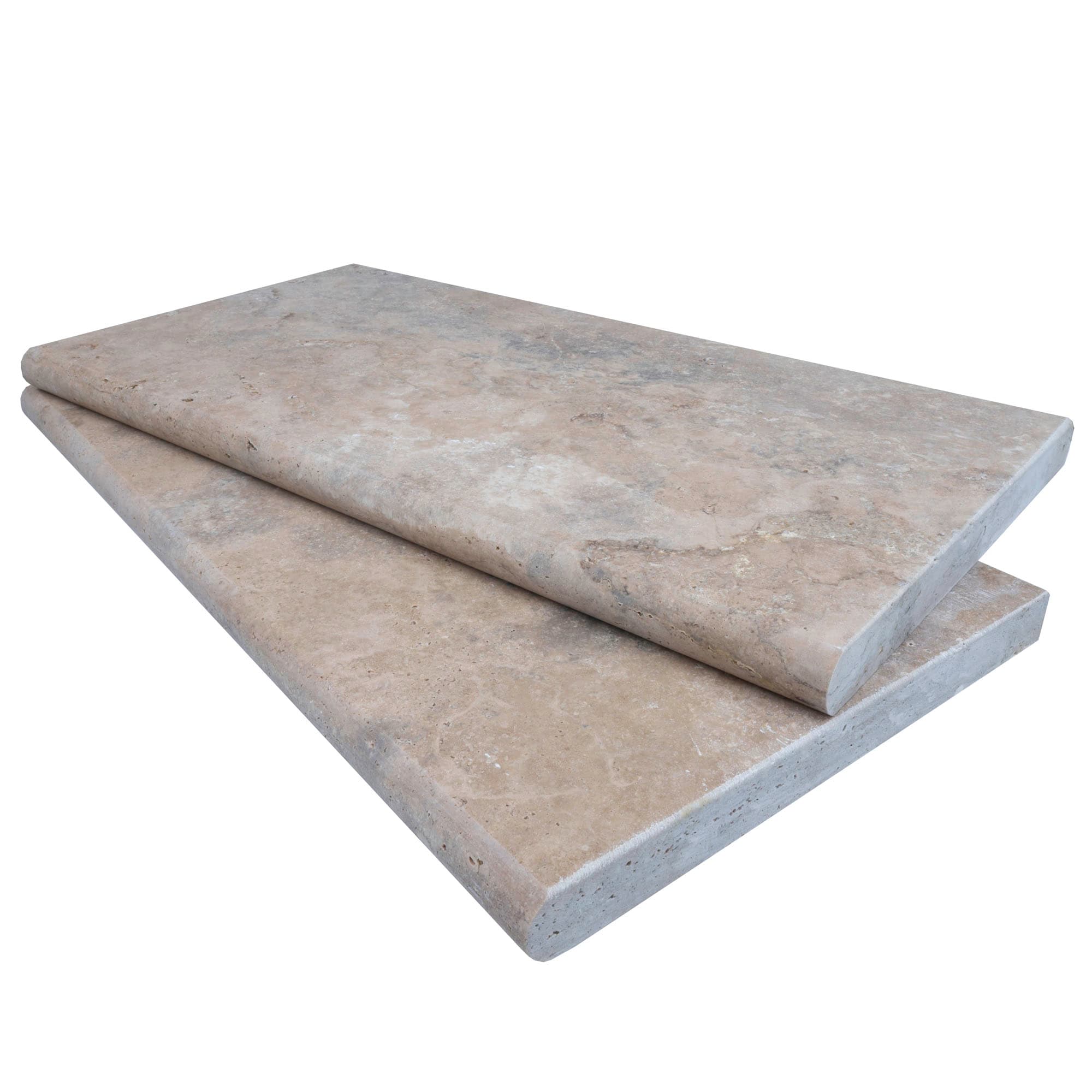 Close-up of Philly Travertine Tumbled 12x24x3cm Single Bullnose Coping, showcasing its natural stone texture with warm beige hues and subtle veining. The tumbled finish highlights the stone's rustic elegance, ideal for pool edges and hardscape projects.