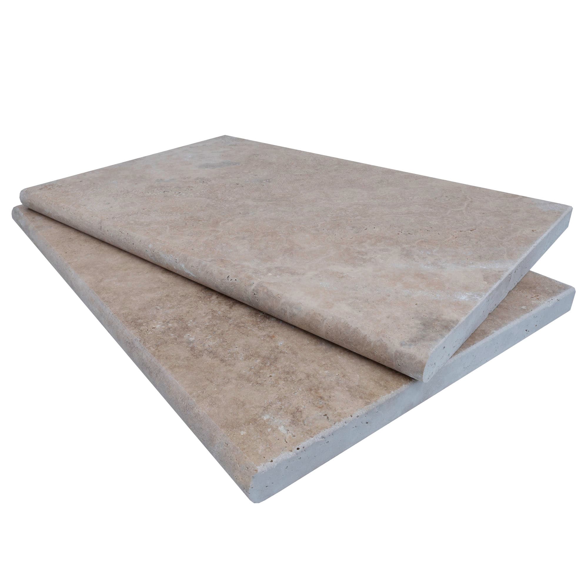 Close-up of the Philly Travertine Tumbled 14x24x3cm Single Bullnose Coping. The natural stone features a warm beige tone with subtle veining and a textured, tumbled finish. Ideal for pool coping or hardscape projects, showcasing its premium quality and...