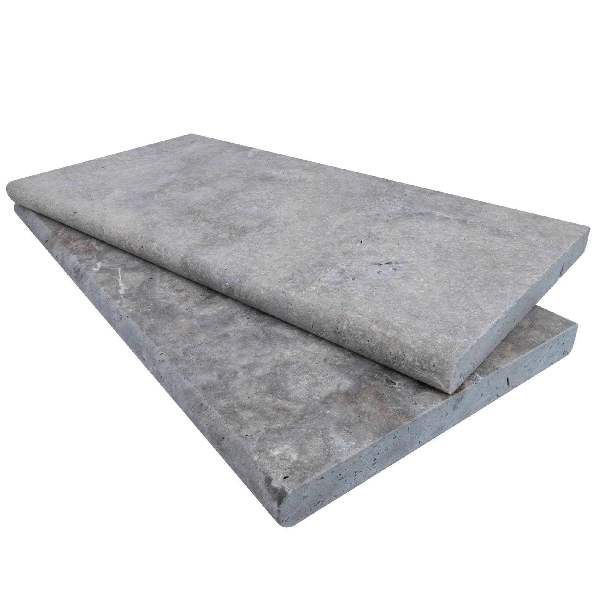 Silver Travertine Tumbled 12x24x3cm Single Bullnose Coping features a soft gray hue with natural veining. The tumbled finish adds a rustic texture, ideal for pool coping or patio edges, enhancing outdoor spaces with premium natural stone elegance.