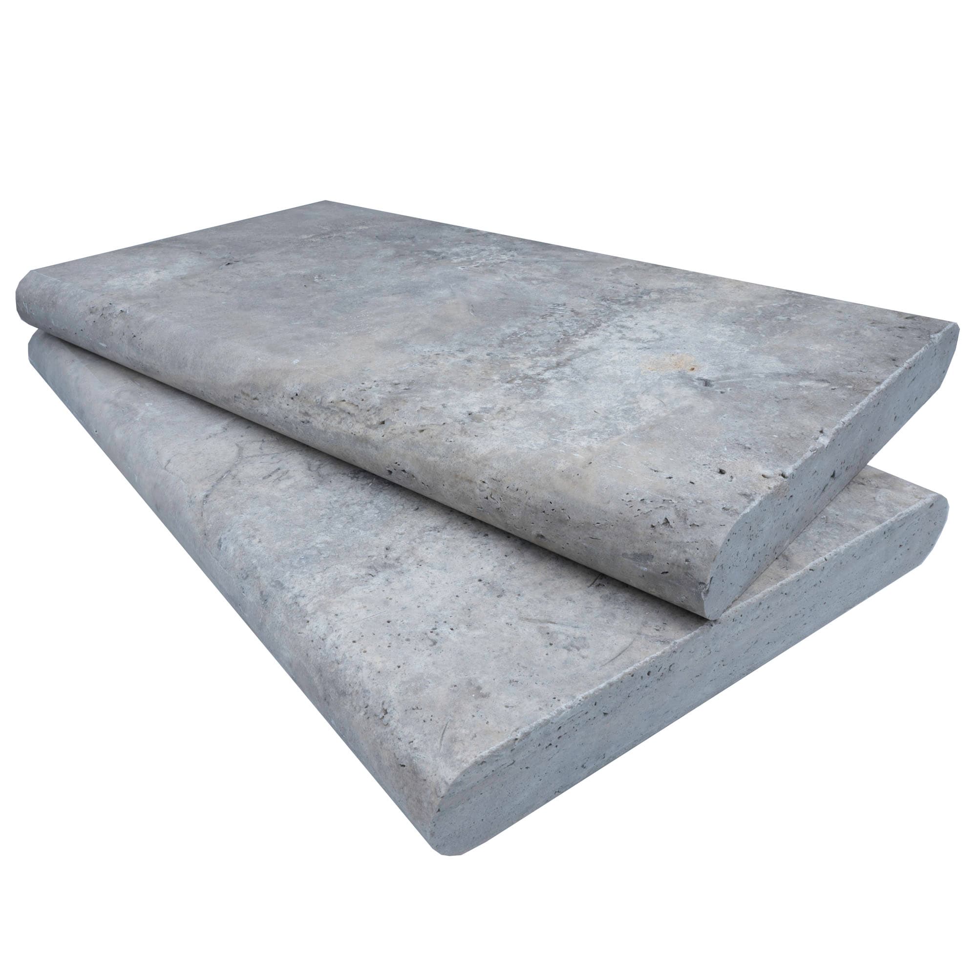 Close-up of Silver Travertine Tumbled 14x24x2 Double Bullnose Coping. The premium travertine features a smooth, tumbled finish with subtle grey tones and natural veining, ideal for pool coping and hardscape projects. Durable and elegant natural stone.