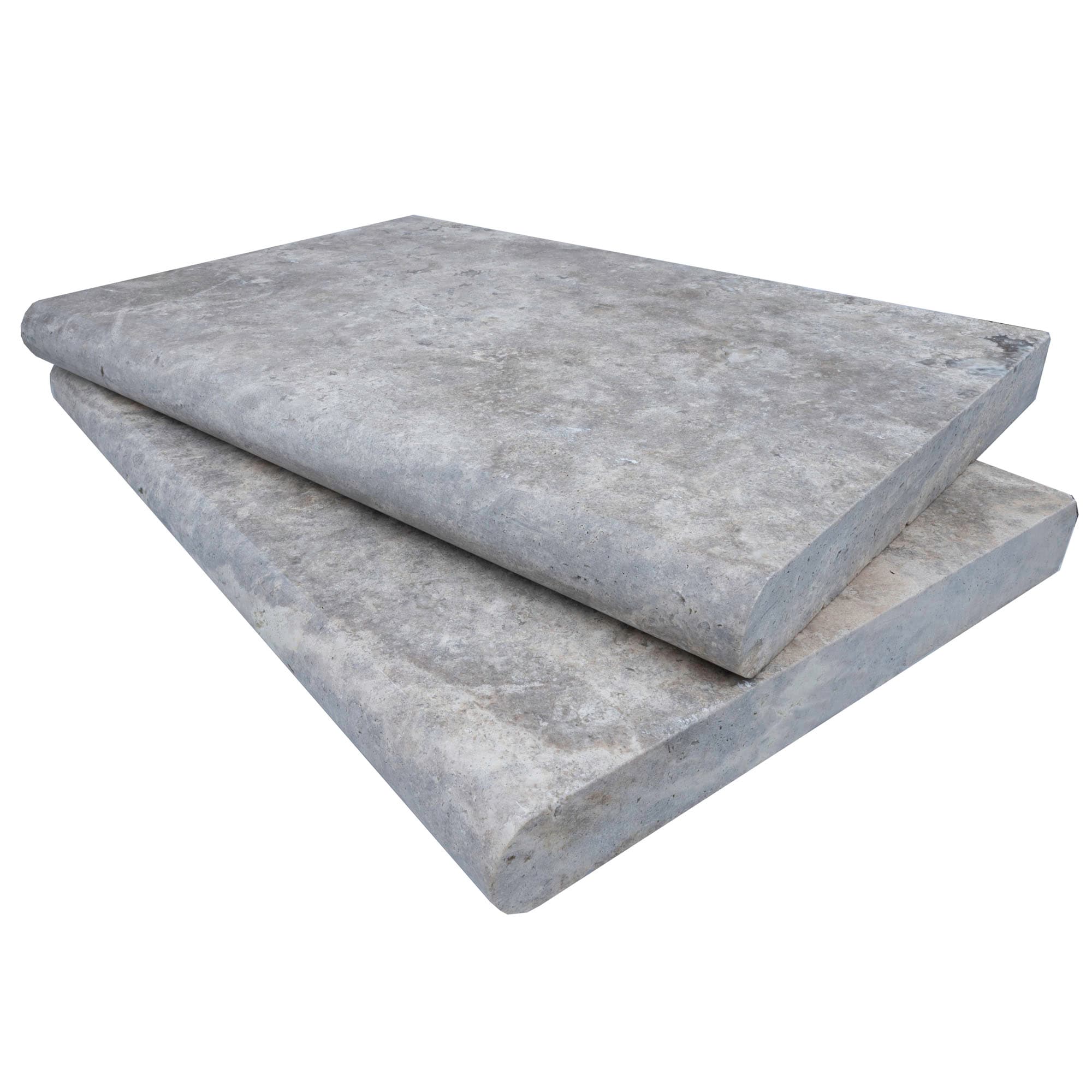 Close-up of Silver Travertine Tumbled 16x24x2 Single Bullnose Coping by STONELUX. This natural stone features a smooth, tumbled finish with subtle gray tones and soft veining, ideal for premium pool coping or patio edges. Perfect for luxury hardscape p...