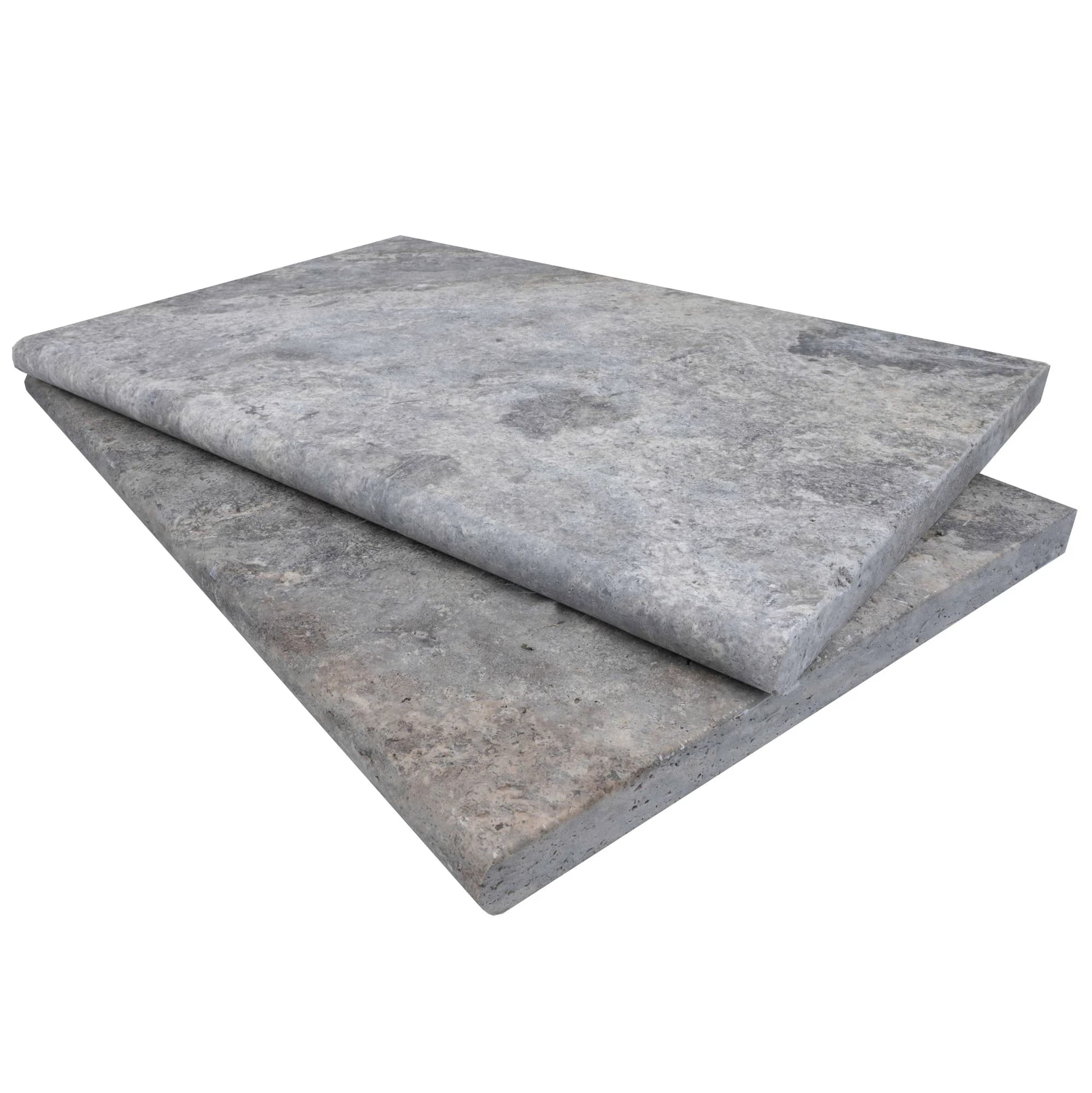 Close-up of Silver Travertine Tumbled 16x24x3cm Single Bullnose Coping by STONELUX, showcasing natural stone's gray tones with subtle veining and textured surface. Ideal for pool coping, patios, and hardscape projects. Premium travertine finish.