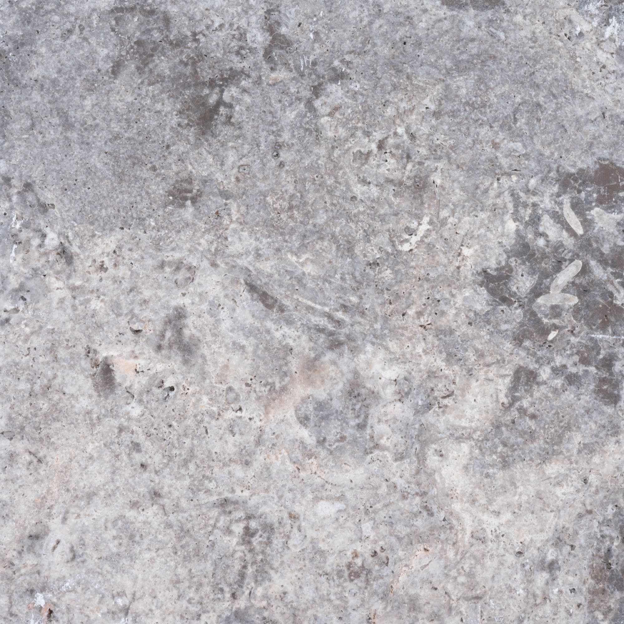 Close-up of the Silver Travertine Tumbled 24x24 3cm Paver by STONELUX, showcasing its premium natural stone texture. The tumbled finish highlights soft gray tones with subtle veining, ideal for elegant hardscape projects. Perfect for pool decks and pat...