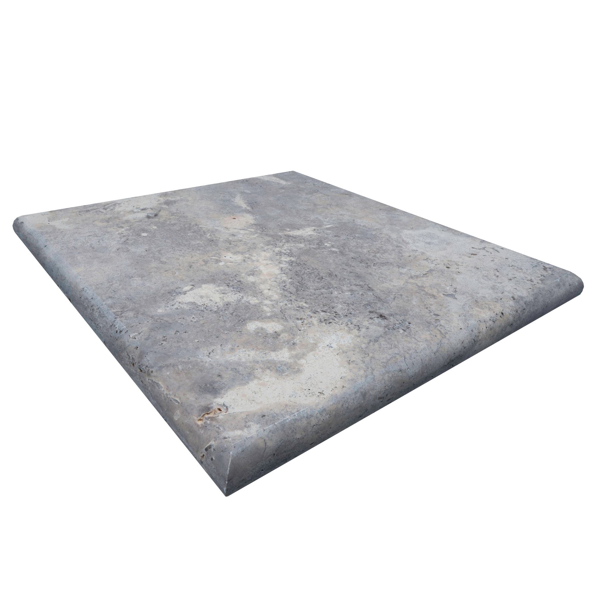 Close-up of the Silver Travertine Tumbled 24x24x2 Four Side Bullnose Cap from the Silver Travertine collection. This premium natural stone features a tumbled finish with soft grey tones, subtle veining, and a smooth, rounded edge, ideal for pool coping...