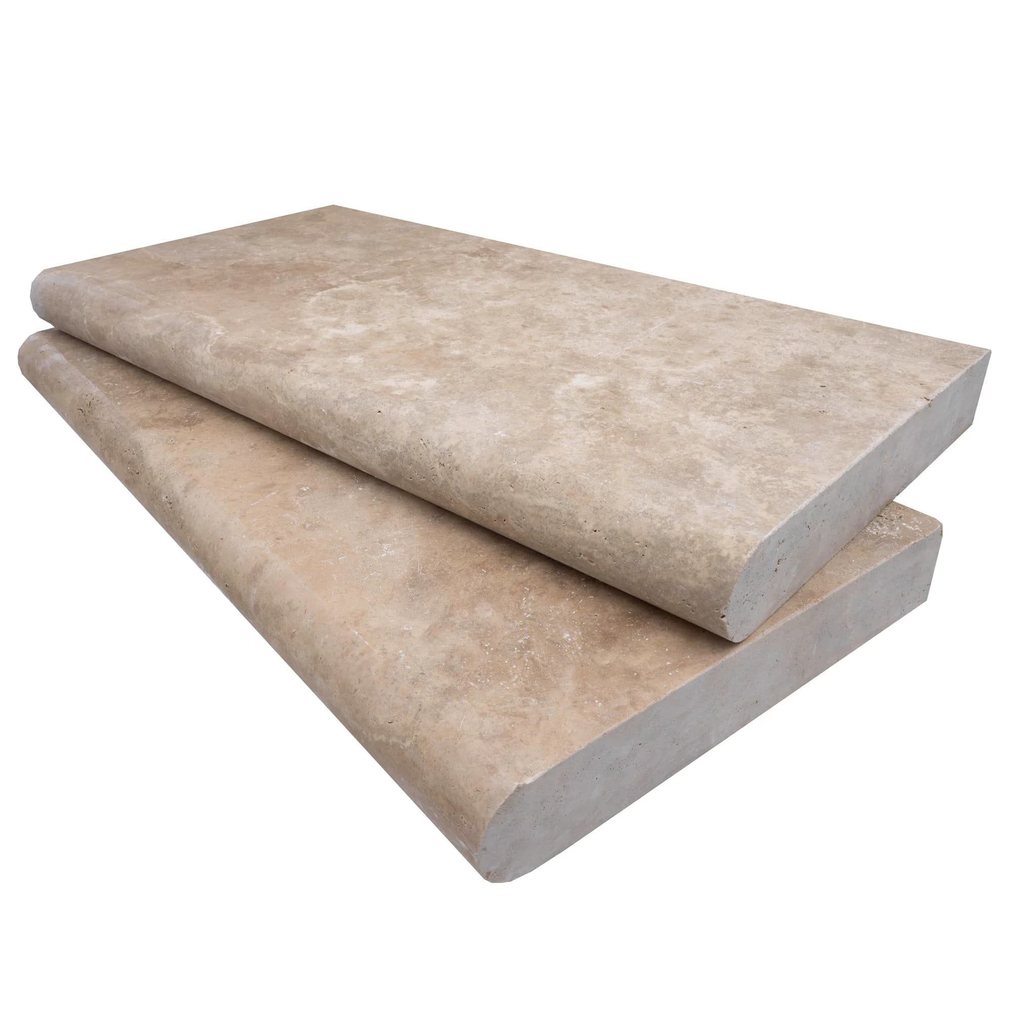 Close-up of Walnut Travertine Tumbled 12x24x2 Single Bullnose Coping by STONELUX. The premium natural stone displays a warm beige hue with subtle veining and a smooth, tumbled finish, ideal for pool edging and hardscape projects.