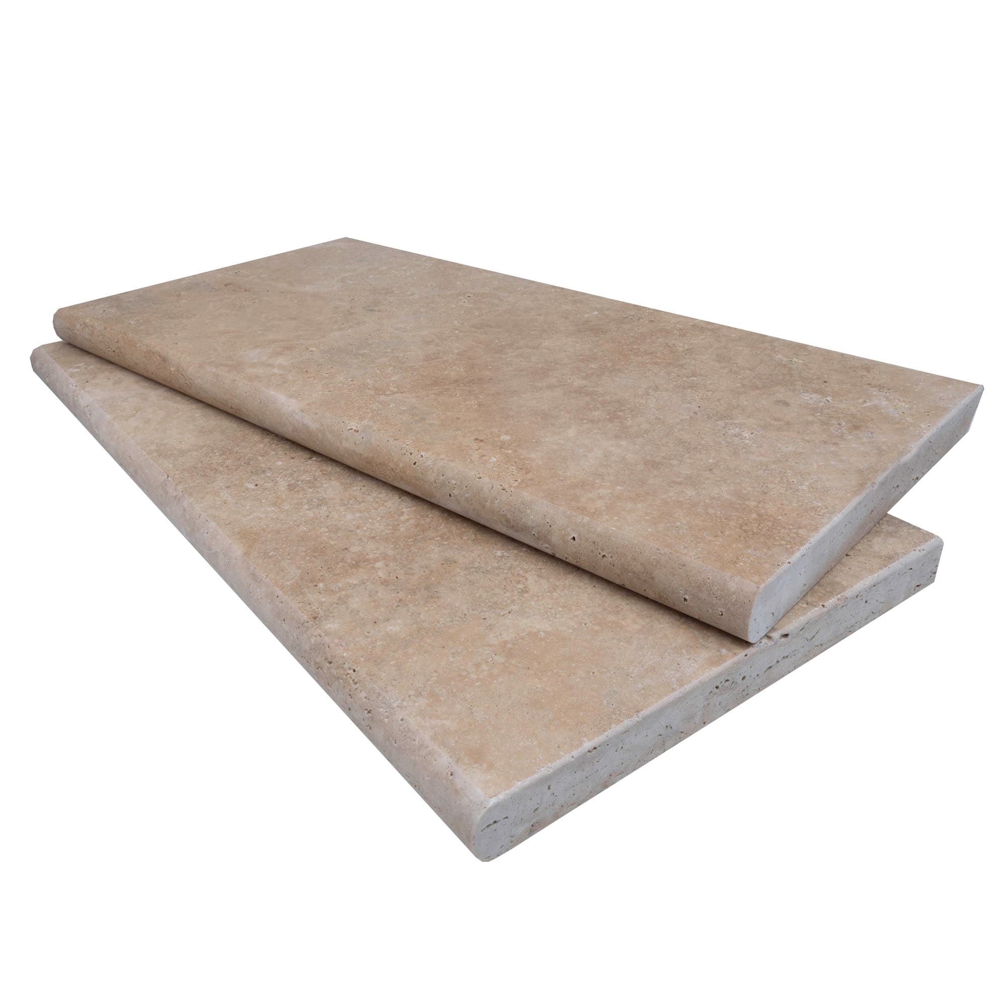 Close-up of Walnut Travertine Tumbled 12x24x3cm Single Bullnose Coping. The natural stone showcases a warm walnut hue with a smooth, tumbled finish and subtle veining, ideal for luxurious pool coping or patio edges in premium hardscape projects.