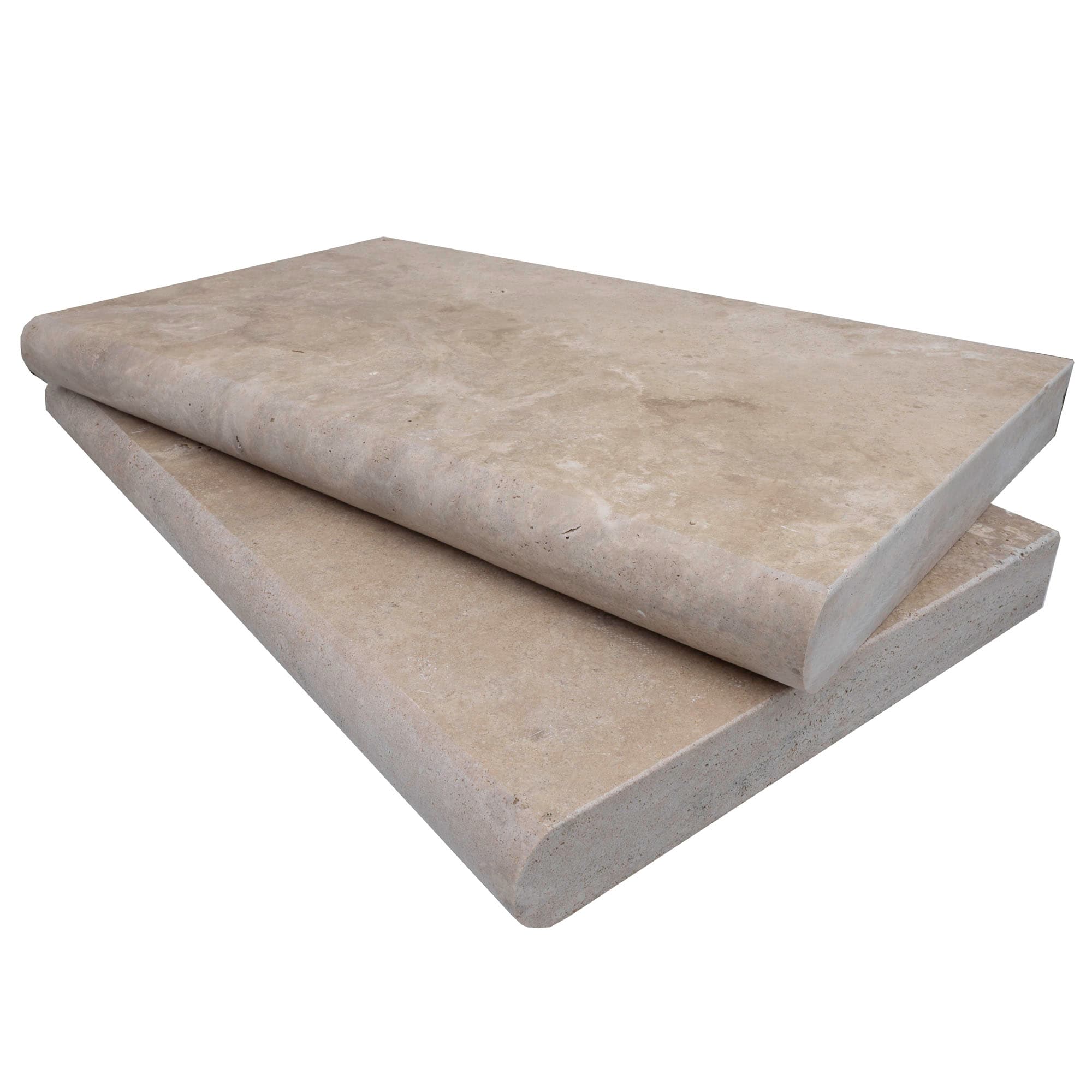 Close-up of Walnut Travertine Tumbled 14x24x2 Single Bullnose Coping. The natural stone features a warm beige color with subtle veining and a textured tumbled finish, ideal for pool coping and hardscape projects, showcasing luxury and durability.
