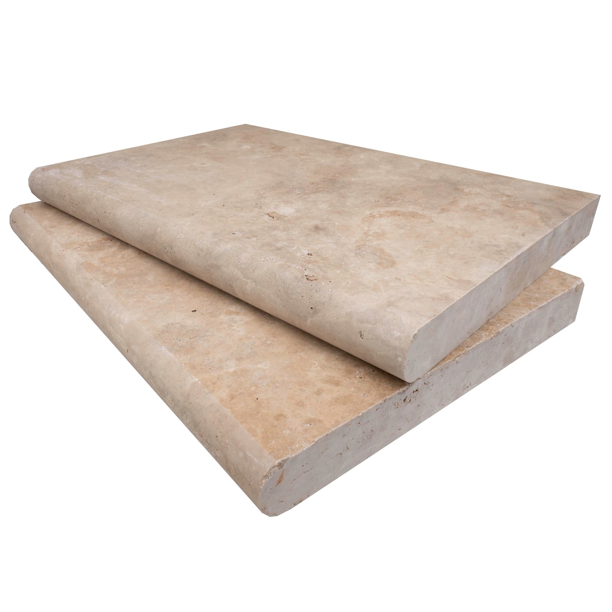 Close-up of Walnut Travertine Tumbled 16x24x2 Single Bullnose Coping - Premium, showcasing its natural stone texture, warm beige tones, and smooth, rounded edges. Ideal for pool coping and hardscape projects, highlighting quality and elegance.