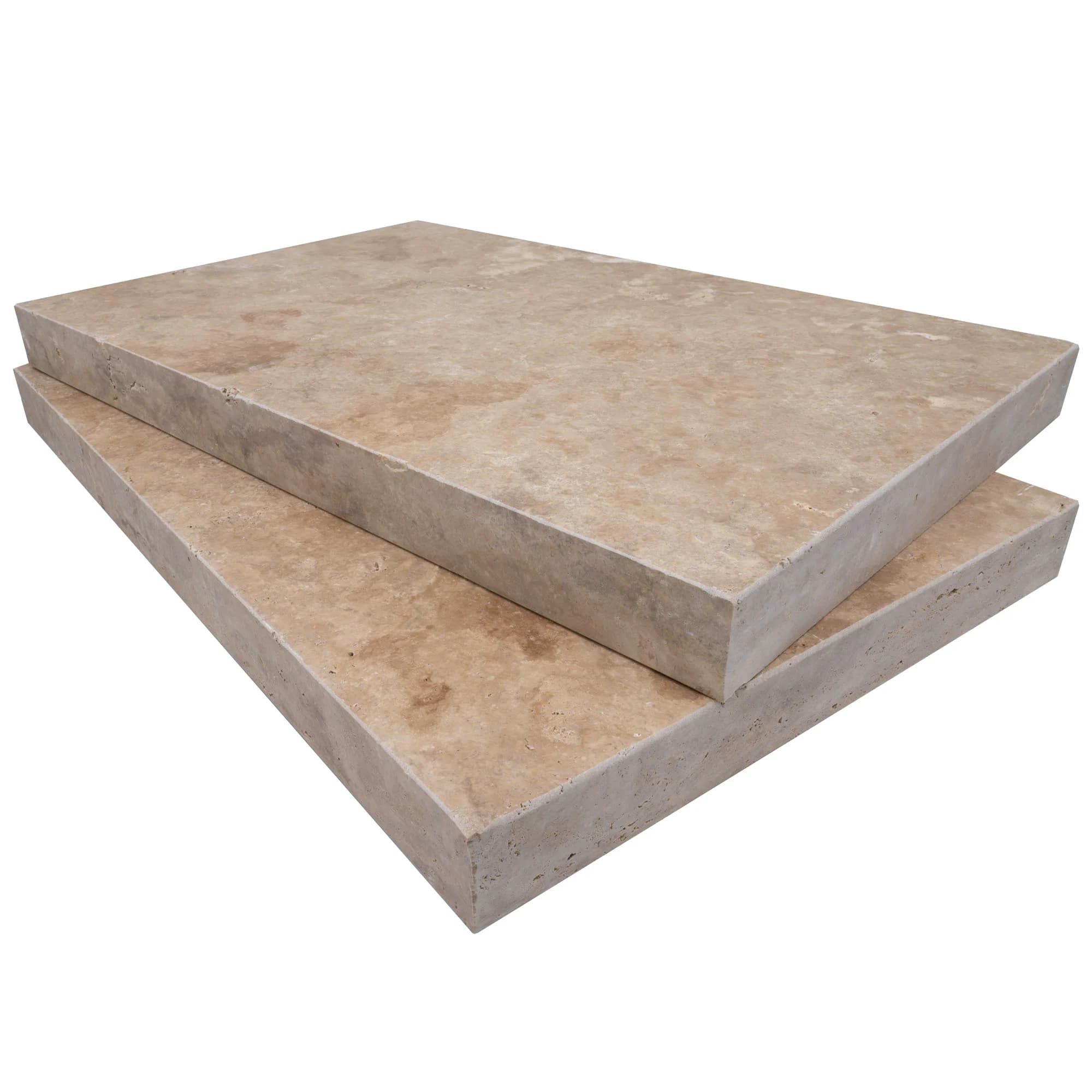 Close-up of Walnut Travertine Tumbled 16x24x2 Eased Edge Coping, showcasing its natural stone texture and warm beige tones with subtle veining. Perfect for pool coping and patio pavers, this premium travertine offers an elegant, durable finish.