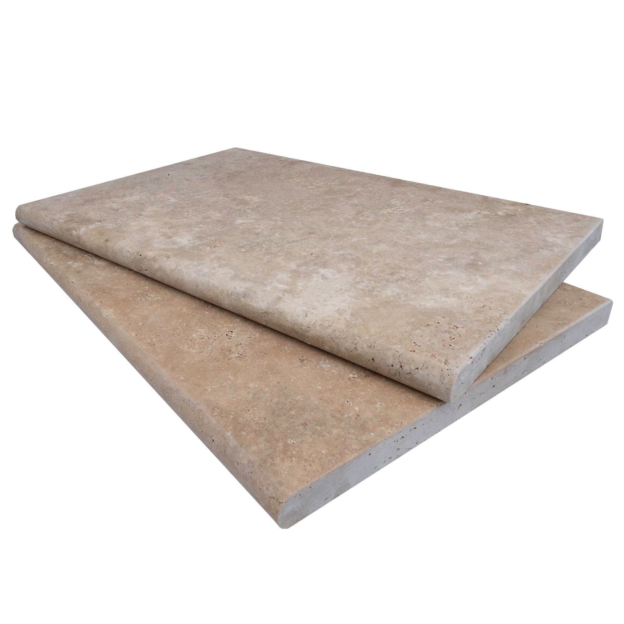 Close-up of Walnut Travertine Tumbled 16x24x3cm Single Bullnose Coping - Premium. Features include a warm, earthy tone with natural veining and a textured, tumbled finish, ideal for pool coping or patio edges. Durable natural stone for stylish outdoor ...