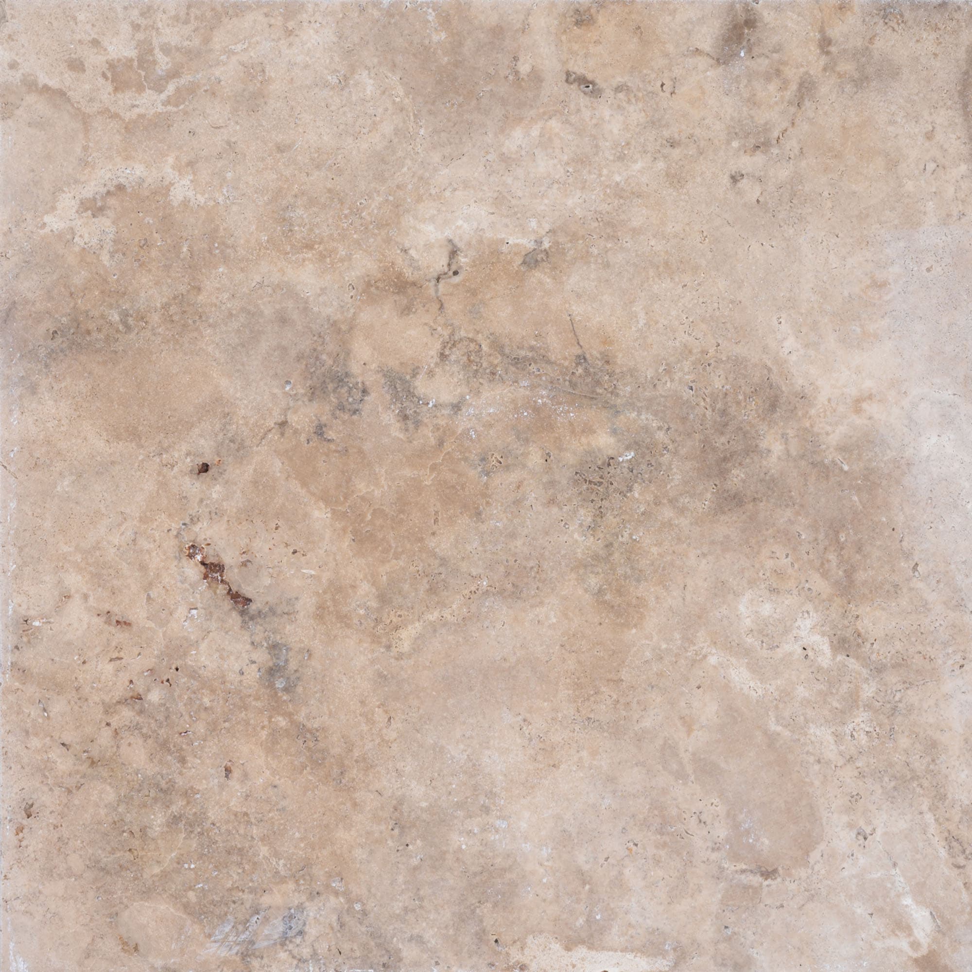 Close-up of Walnut Travertine Tumbled 24x24 3cm Paver, showcasing its natural stone texture with warm beige and walnut tones. The tumbled finish highlights unique veining and subtle variations, ideal for premium hardscape projects and pool decks.