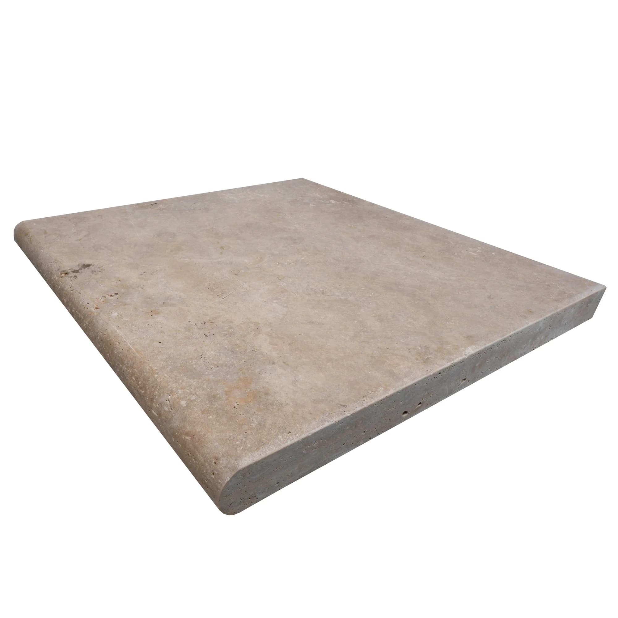 Close-up of Walnut Travertine Tumbled 24x24x2 Single Bullnose Coping - Premium, showcasing its smooth, rounded edge and natural beige tones with subtle veining. The tumbled finish highlights the stone's rustic texture, ideal for pool coping and elegant...