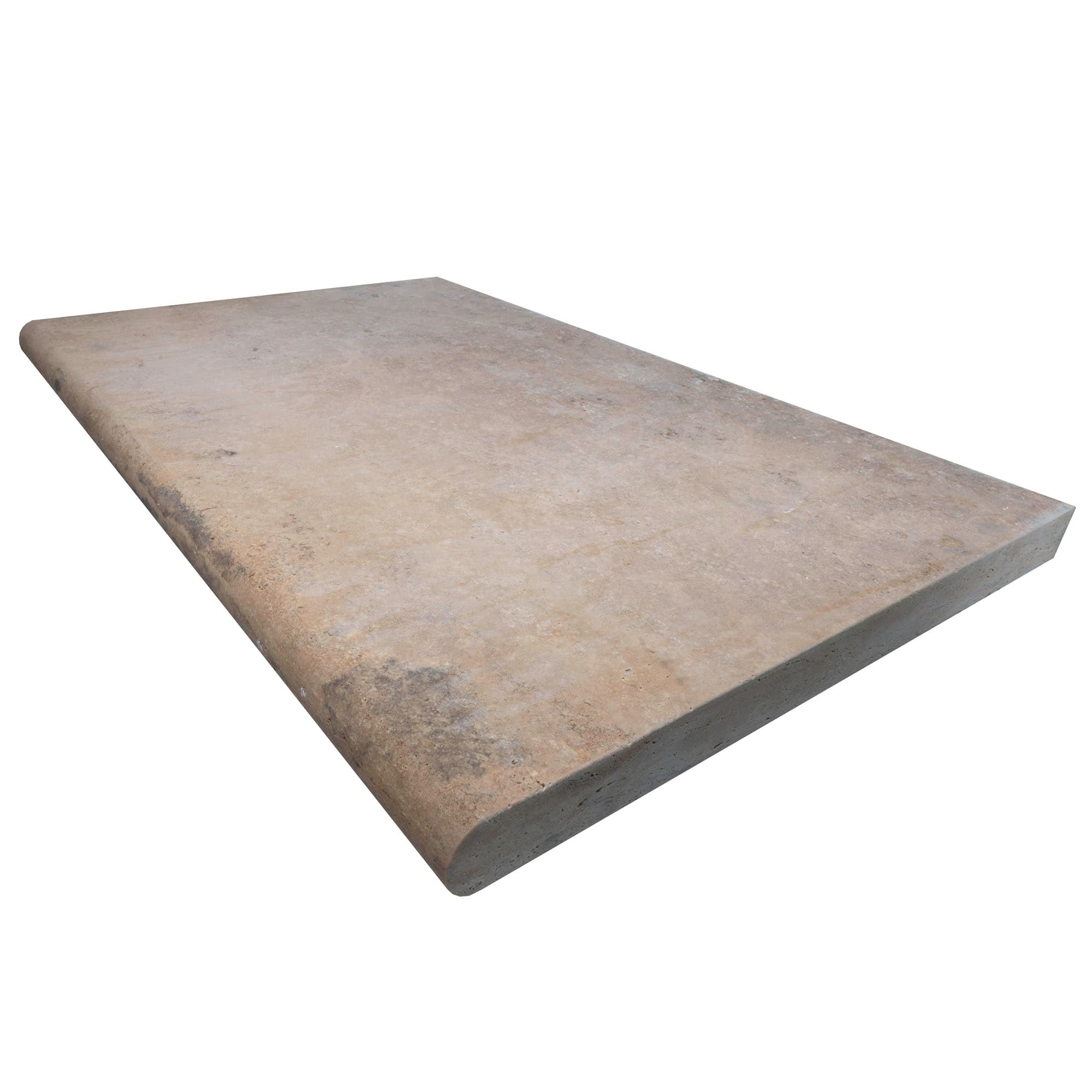Close-up of Walnut Travertine Tumbled 24x36x2 Single Bullnose Coping by STONELUX, showcasing its natural stone texture with earthy tones and subtle veining. The tumbled finish adds rustic elegance, ideal for pool edges and hardscape projects.