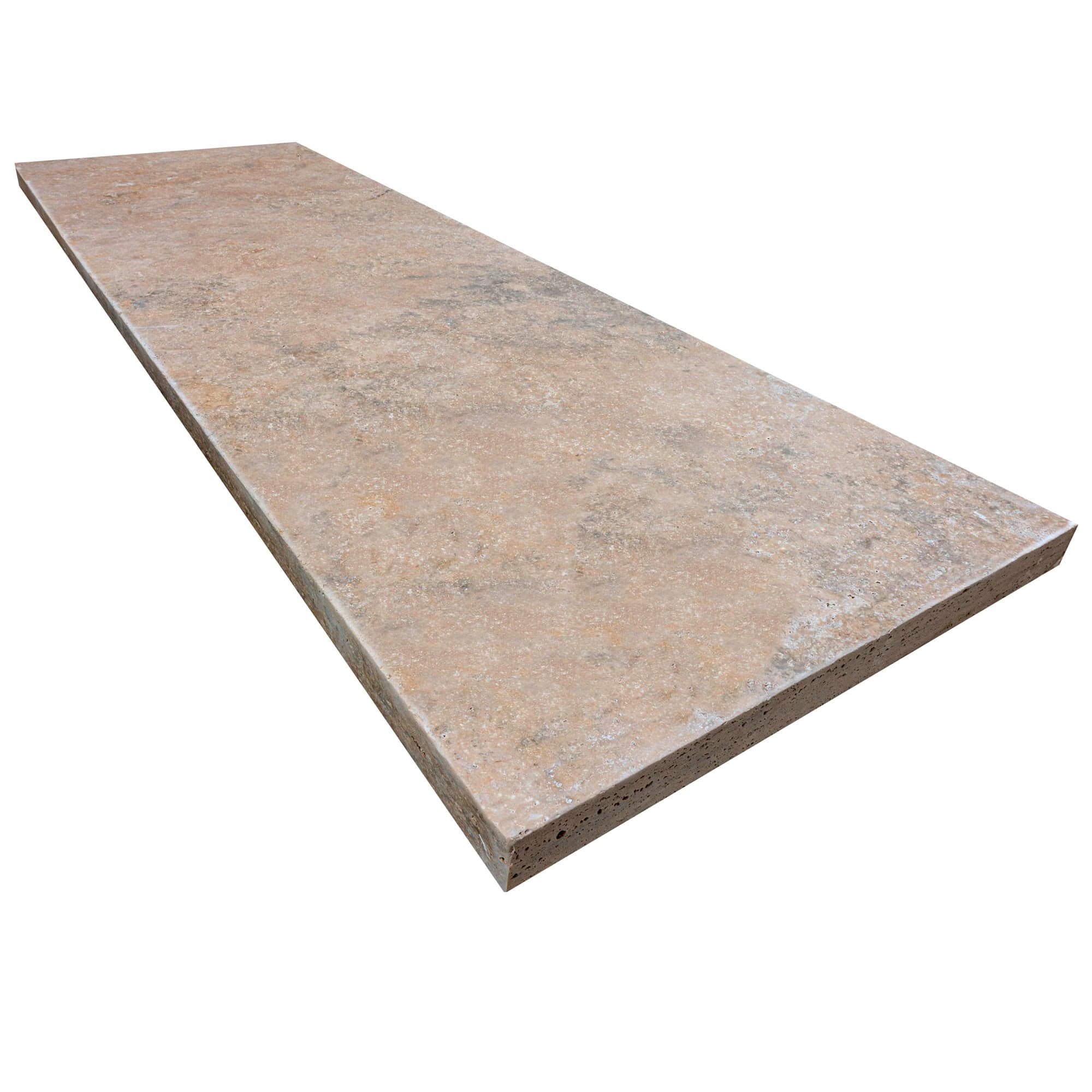 Close-up of Walnut Travertine Tumbled 24x72x2 Eased Edge Tread. This natural stone features a warm, earthy tone with subtle veining and a textured, tumbled finish, ideal for luxury pool coping, patios, or elegant outdoor renovations.