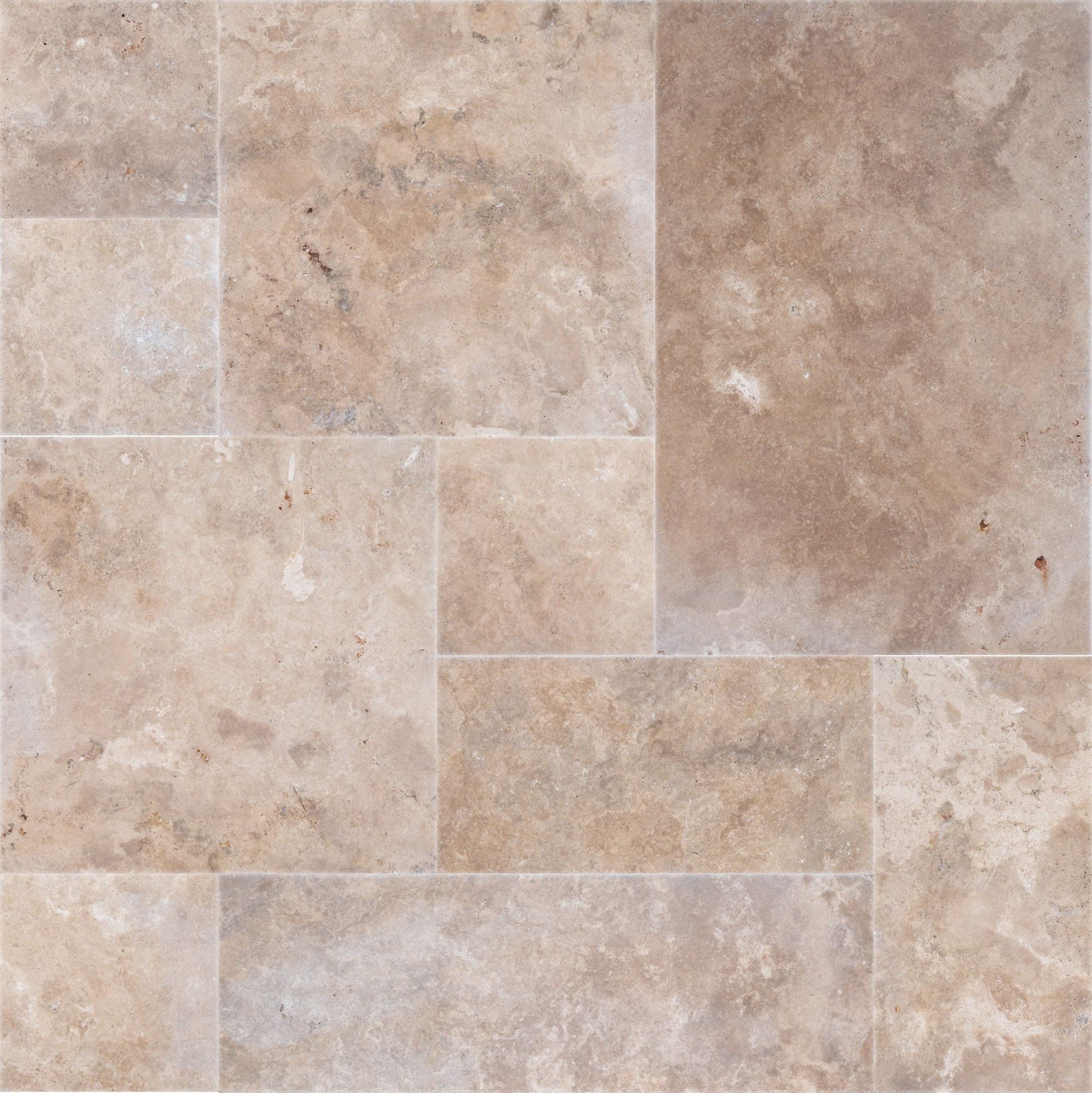 Close-up of Walnut Travertine Tumbled French Pattern 3cm Paver showcasing its natural stone texture. Features a warm, earthy palette with subtle veining and a tumbled finish, ideal for hardscape projects, patios, and pool surrounds. Premium travertine ...