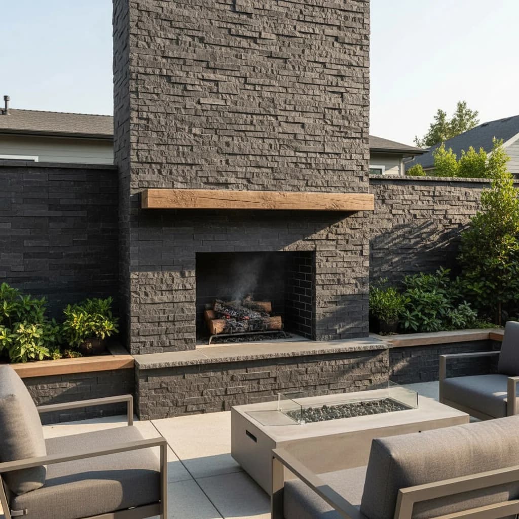 Outdoor patio featuring Black Basalt Splitface Ledger Panel - 6x24 installed on a modern fireplace. Surrounded by lush greenery, sleek gray furniture, and a concrete fire pit, creating a stylish and contemporary hardscape design. Perfect for luxury out...