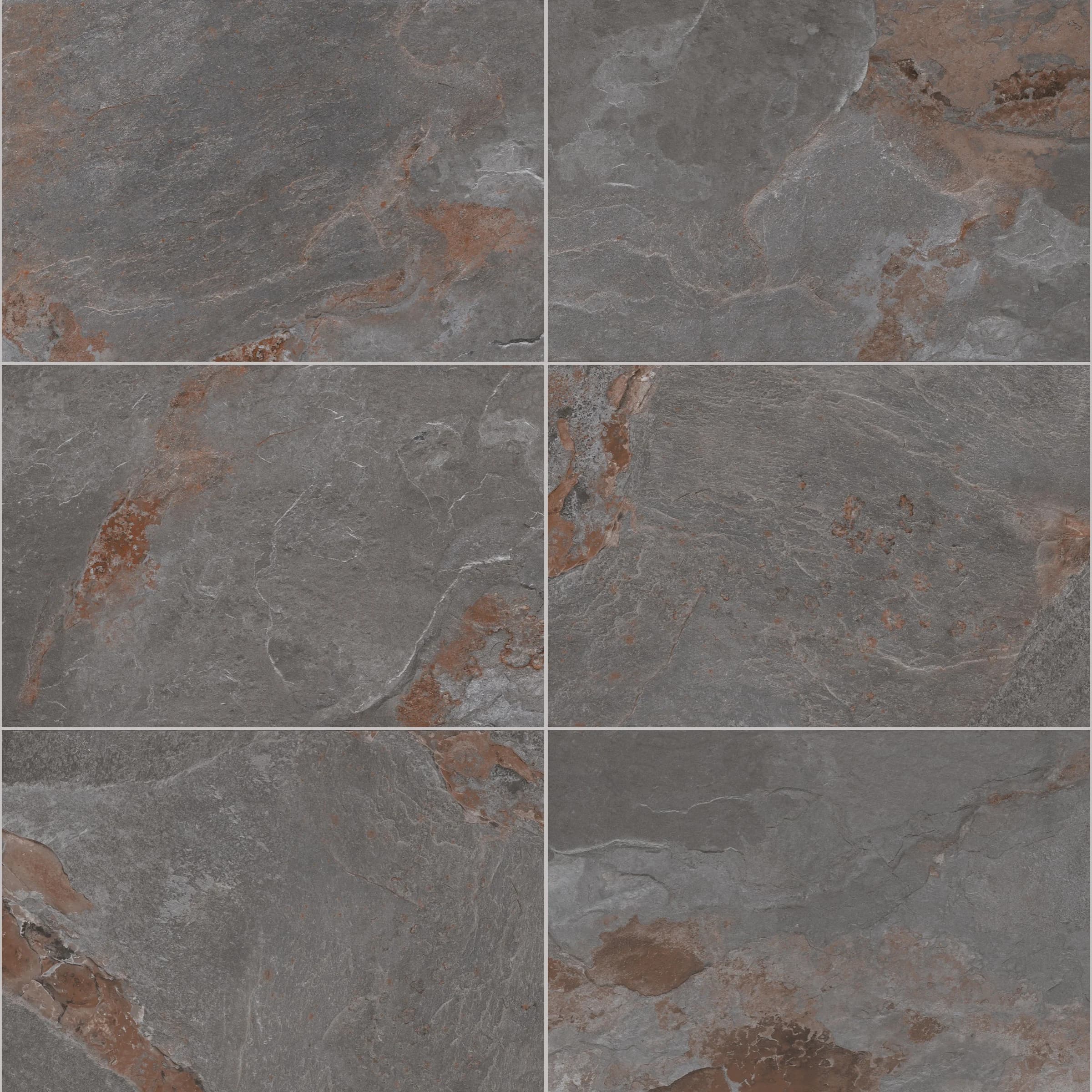 Close-up of Retrostone Matte 24x36x2cm Rectified Porcelain Paver showcasing its unique texture and color blend. The surface features a matte finish with subtle gray and rust tones, mimicking natural stone with intricate veining, ideal for sophisticated...