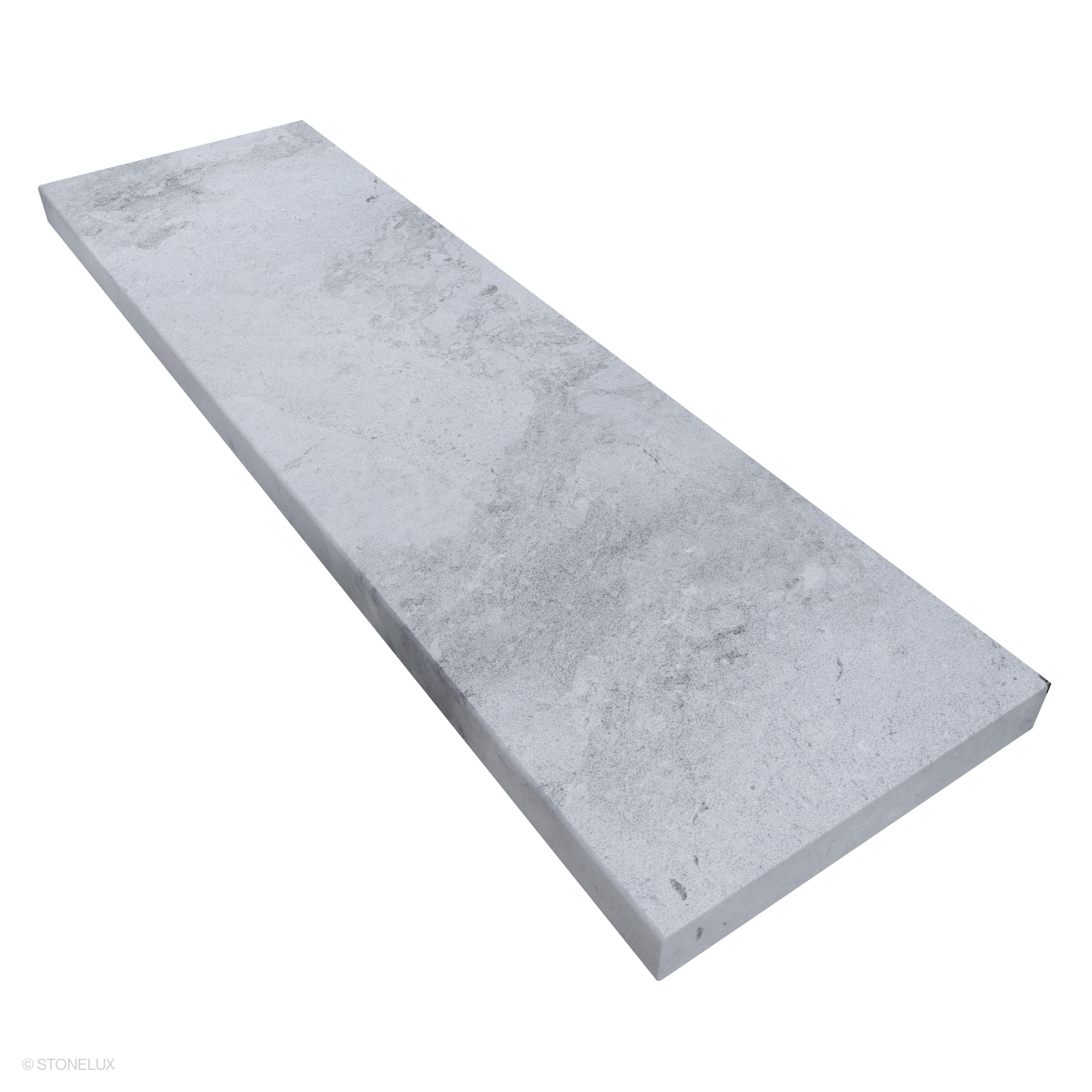 Close-up of the Tundra Grey Marble Sand Blasted 14x48x2 Eased Edge Coping from STONELUX. This marble piece features a sandblasted finish with subtle grey veining, showcasing its natural elegance. Ideal for pool edges and wall caps, enhancing modern har...