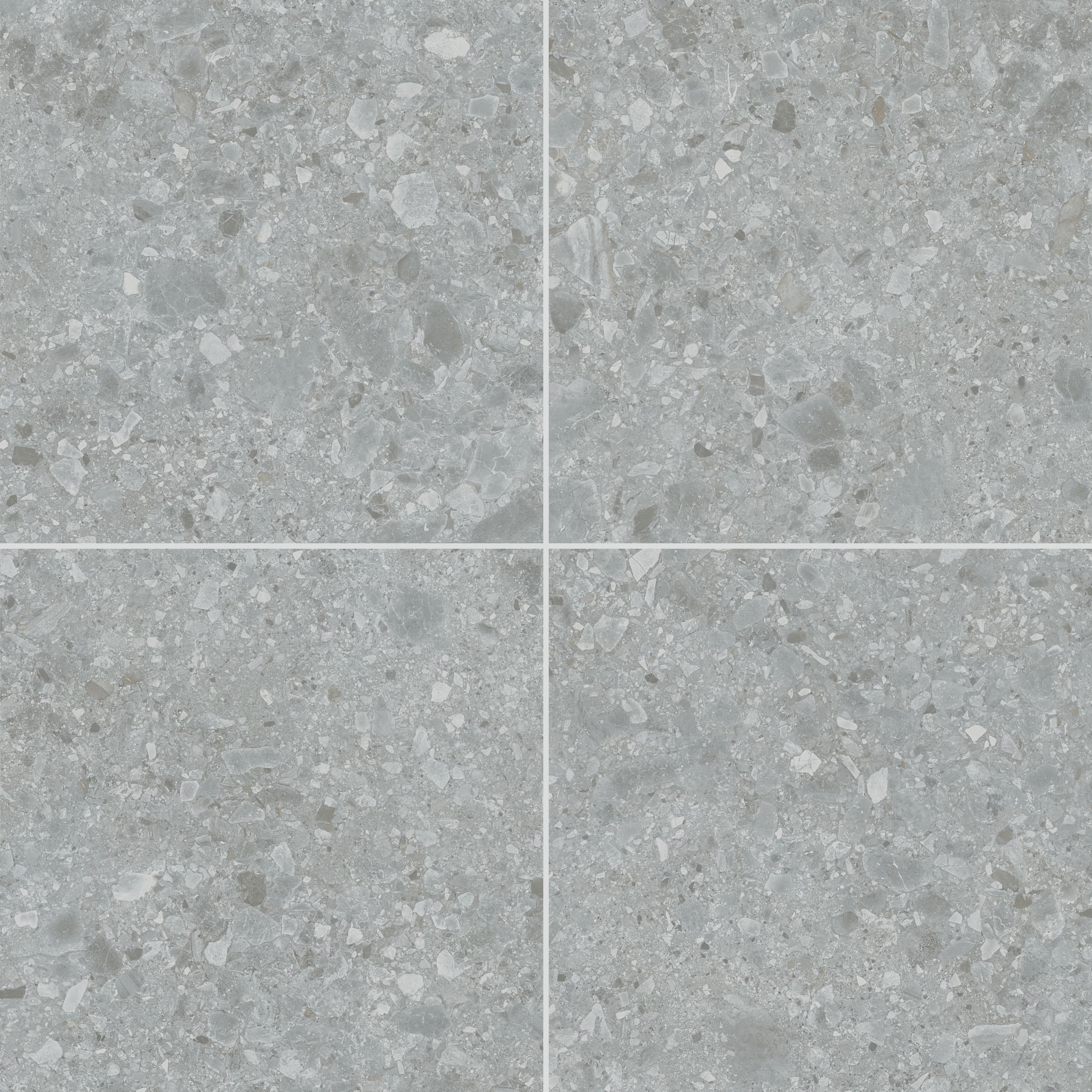 Close-up of the Terrazo Grigio Matte 24x24x2cm Rectified Porcelain Paver by STONELUX. The porcelain surface features a matte finish with a speckled gray pattern, mimicking natural stone textures, ideal for patio and pool deck installations.