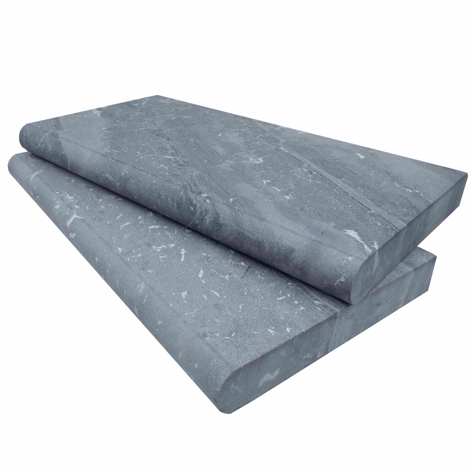 Close-up of Aegean Grey Marble Sand Blasted 12x24x2 Single Bullnose Coping. The marble features a sandblasted finish with subtle grey tones and natural veining, ideal for pool edges and hardscape projects, showcasing premium natural stone elegance.