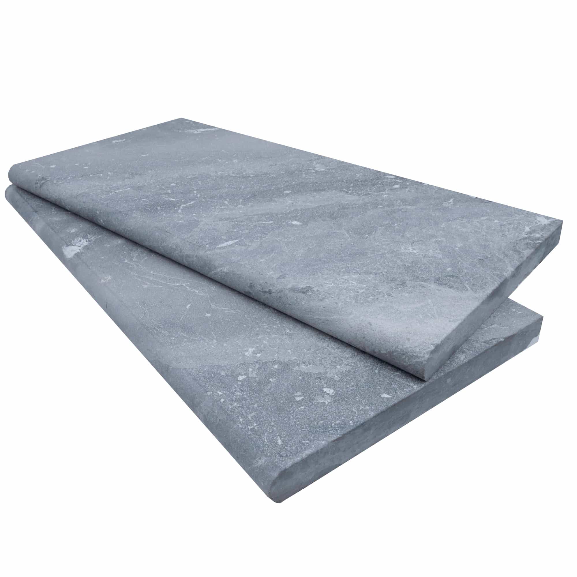 Close-up of Aegean Grey Marble Sand Blasted 12x24x3cm Single Bullnose Coping. The marble features a smooth, sandblasted finish with subtle grey tones and natural veining, ideal for pool coping or patio edges in luxury hardscape projects.