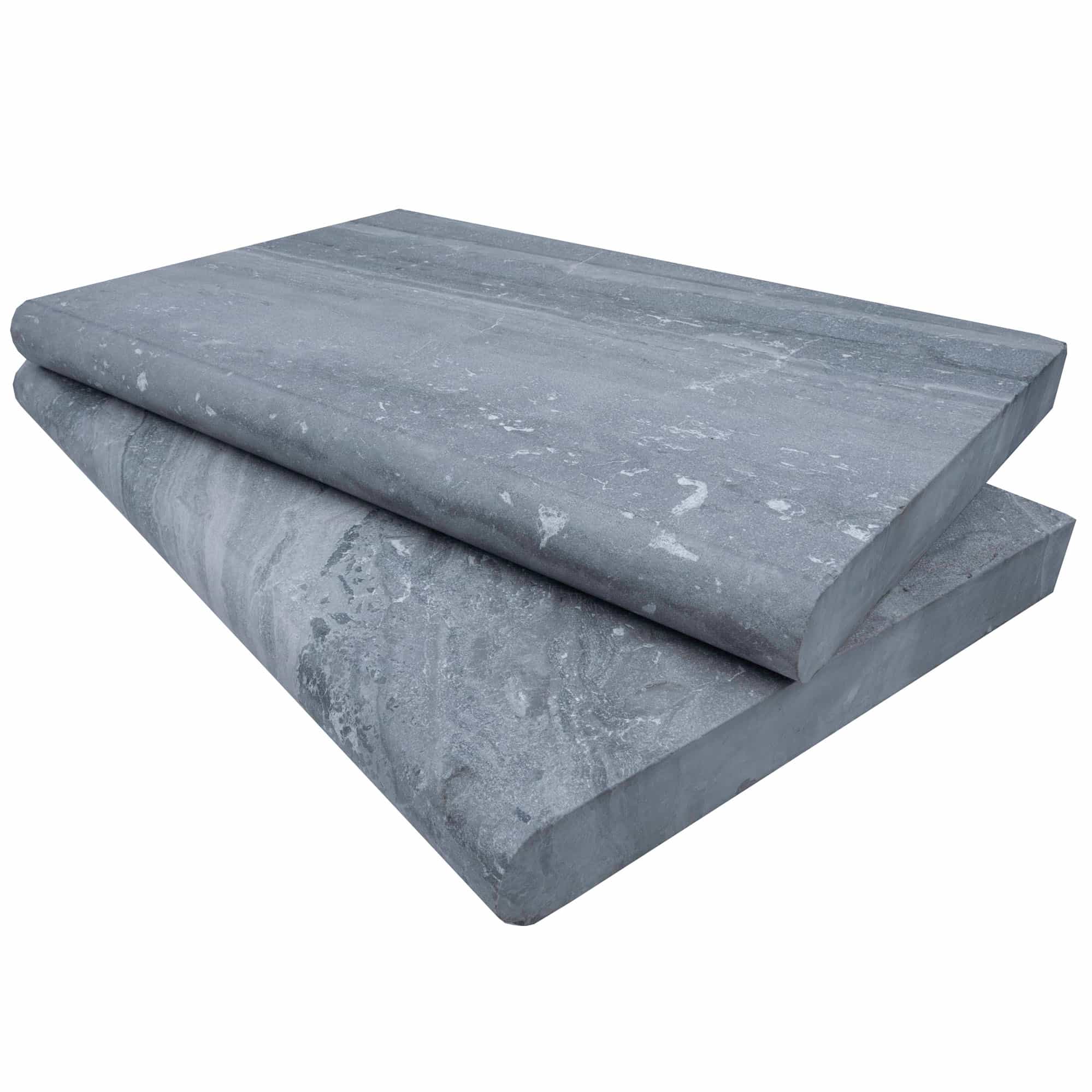 A close-up of Aegean Grey Marble Sand Blasted 16x24x2 Single Bullnose Coping, showcasing its smooth, sandblasted finish. The marble's subtle grey tones and natural veining create a sophisticated texture, ideal for pool coping or hardscape projects.