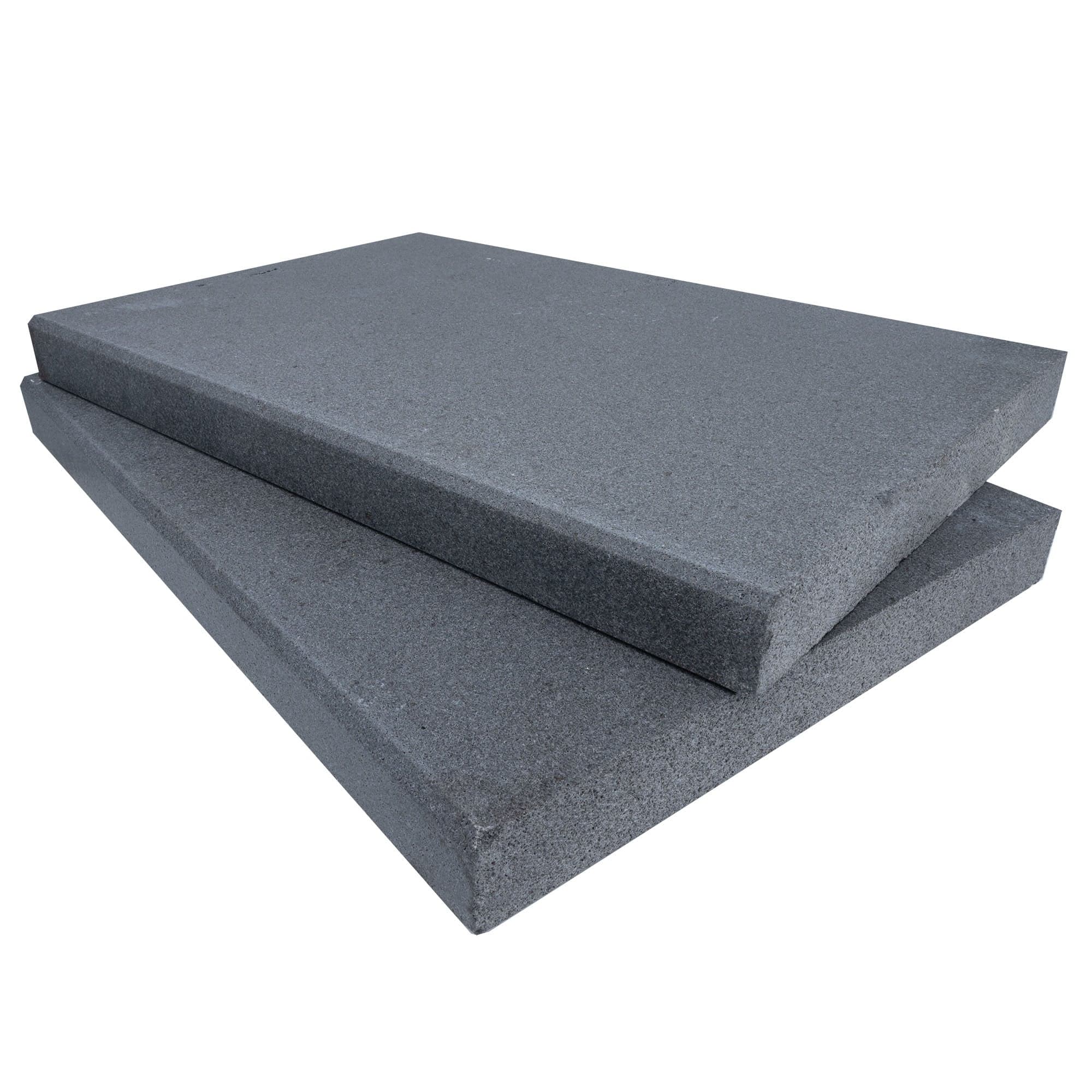 Close-up of Black Basalt Tumbled+Brushed 16x24x2 Eased Edge Coping. The basalt features a smooth, dark gray texture with subtle veining, showcasing a tumbled and brushed finish. Ideal for pool coping and hardscape applications, offering a sleek, modern...
