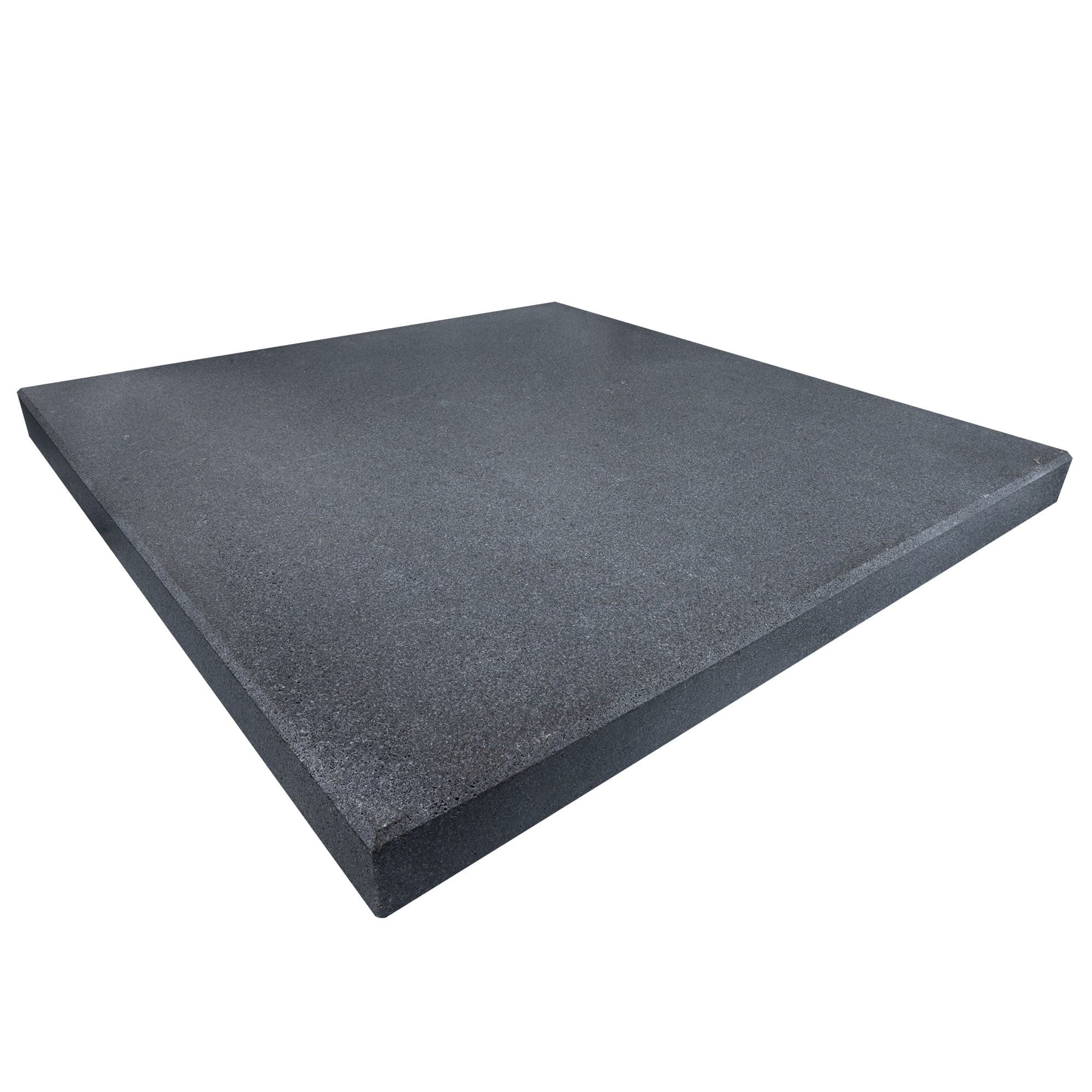 Black Basalt Brushed 28x28x2 Four Side Eased Edge Column Cap by STONELUX, showcasing a tumbled and brushed surface with a smooth, dark gray texture. Ideal for elegant hardscape projects, this natural stone cap adds sophistication to any outdoor design.