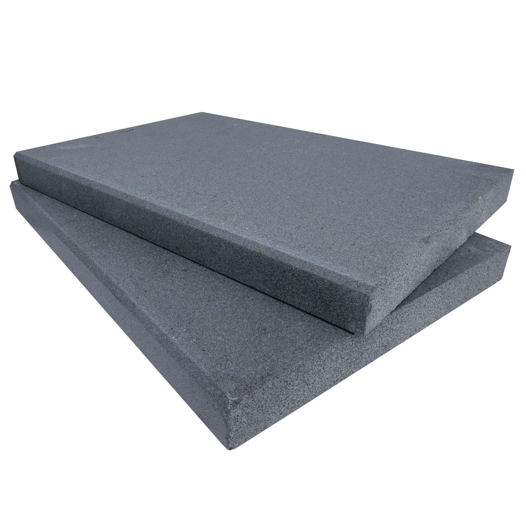 Close-up of Black Basalt Tumbled+Brushed 16x24x2 Eased Edge Coping. The basalt features a smooth, dark gray texture with subtle veining, showcasing a tumbled and brushed finish. Ideal for pool coping and hardscape applications, offering a sleek, modern...