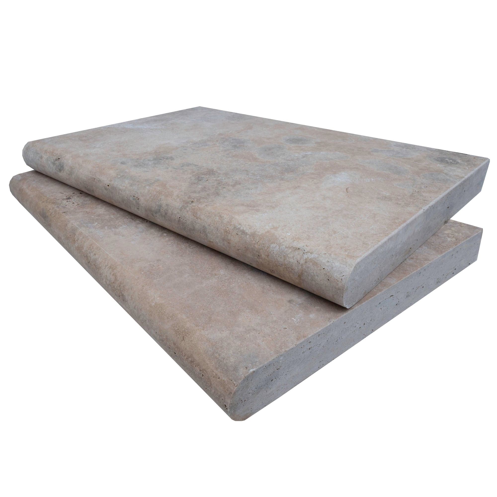 Close-up of Philly Travertine Tumbled 16x24x2 Single Bullnose Coping by STONELUX. The premium travertine features a smooth, tumbled finish with subtle beige and gray tones, ideal for pool edges and outdoor hardscape projects.