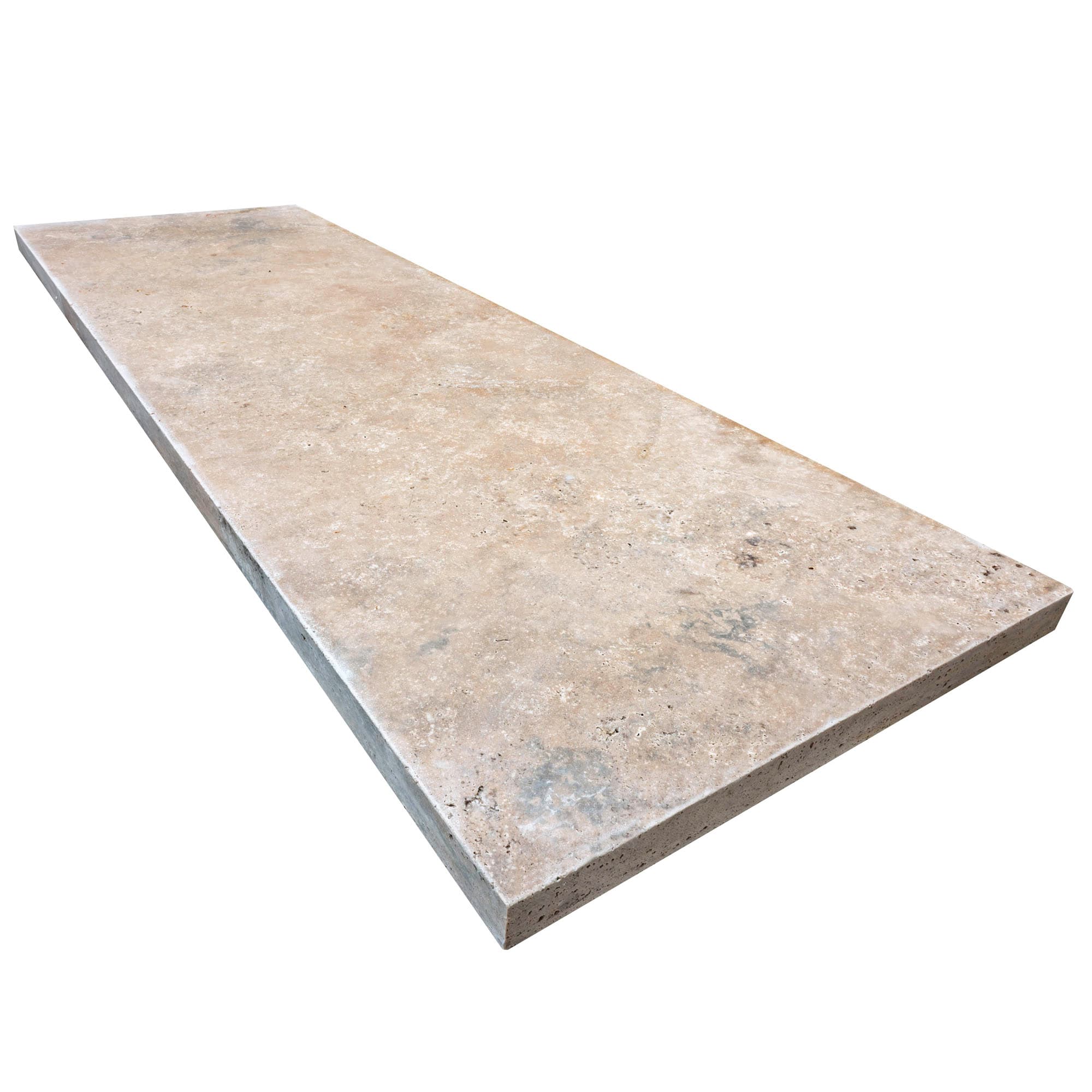 Close-up of Philly Travertine Tumbled 24x72x2 Eased Edge Tread, showcasing its natural stone texture with soft beige and cream tones, subtle veining, and a tumbled finish. Ideal for pool coping and patio projects, offering a timeless, elegant look.