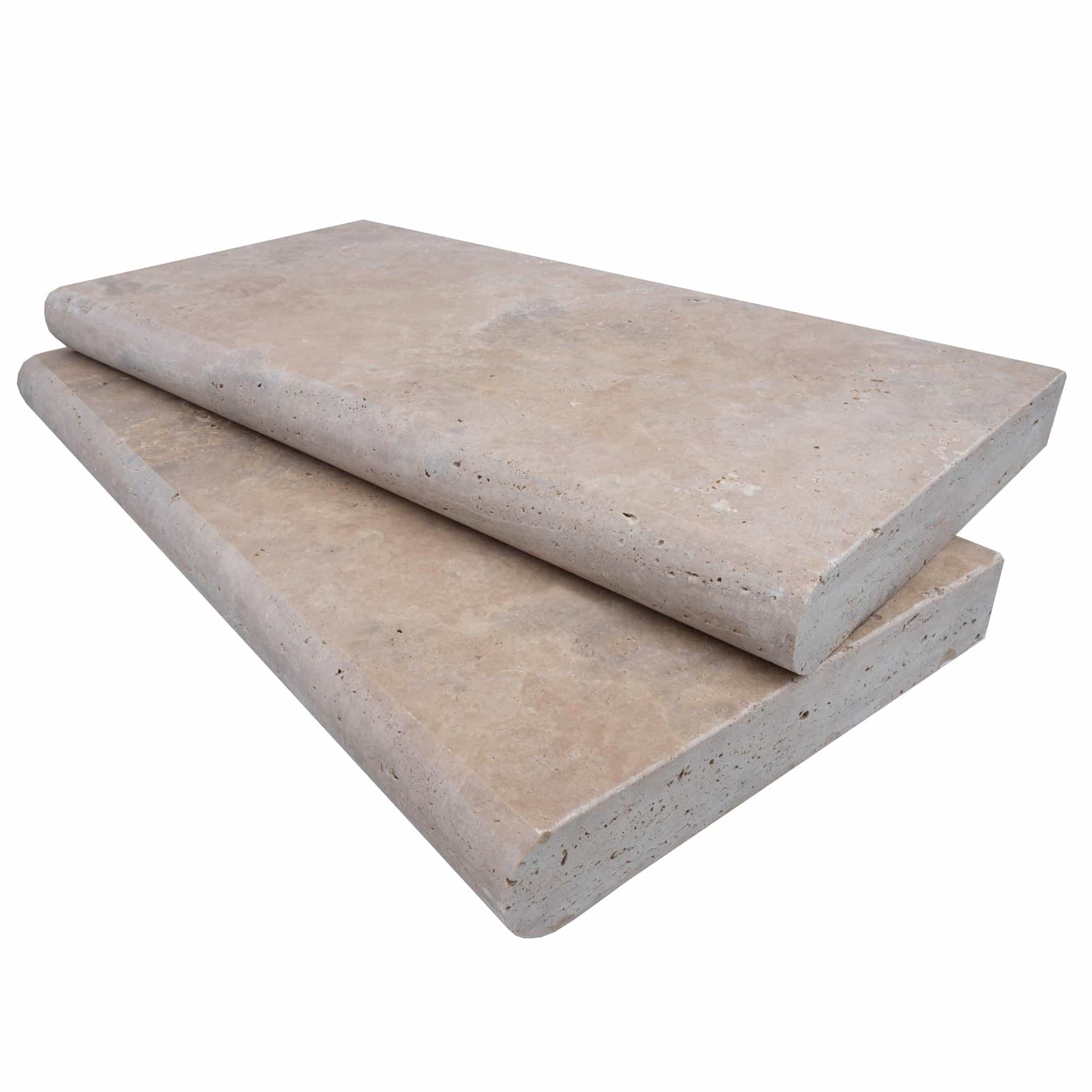 Close-up of Philly Travertine Tumbled 12x24x2 Single Bullnose Coping - Premium. Natural stone travertine with a tumbled finish, showcasing a beige hue with subtle veining and a smooth bullnose edge, ideal for pool coping and elegant hardscape designs.